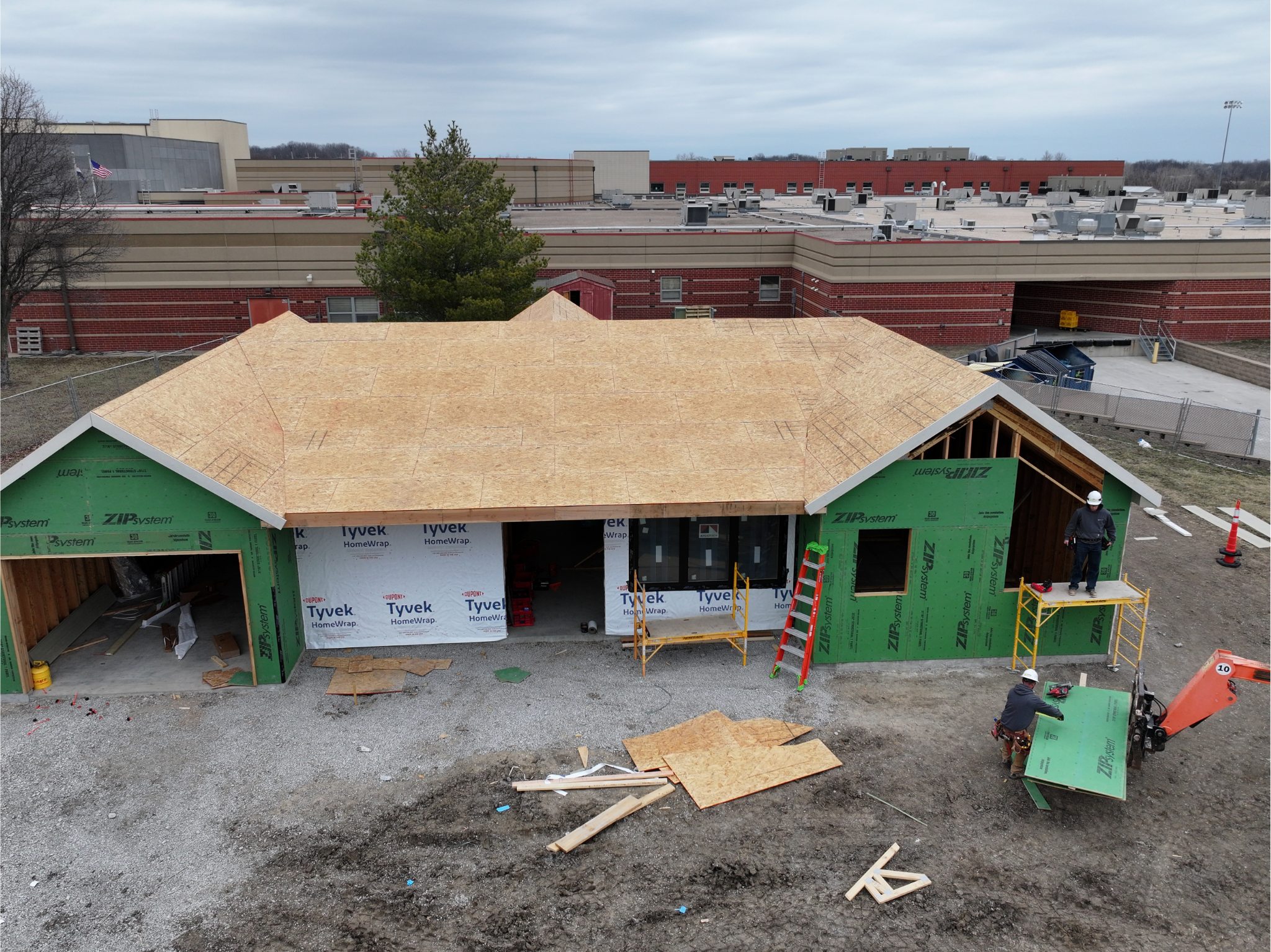 Drone shot of roofing for Integrated Learning House