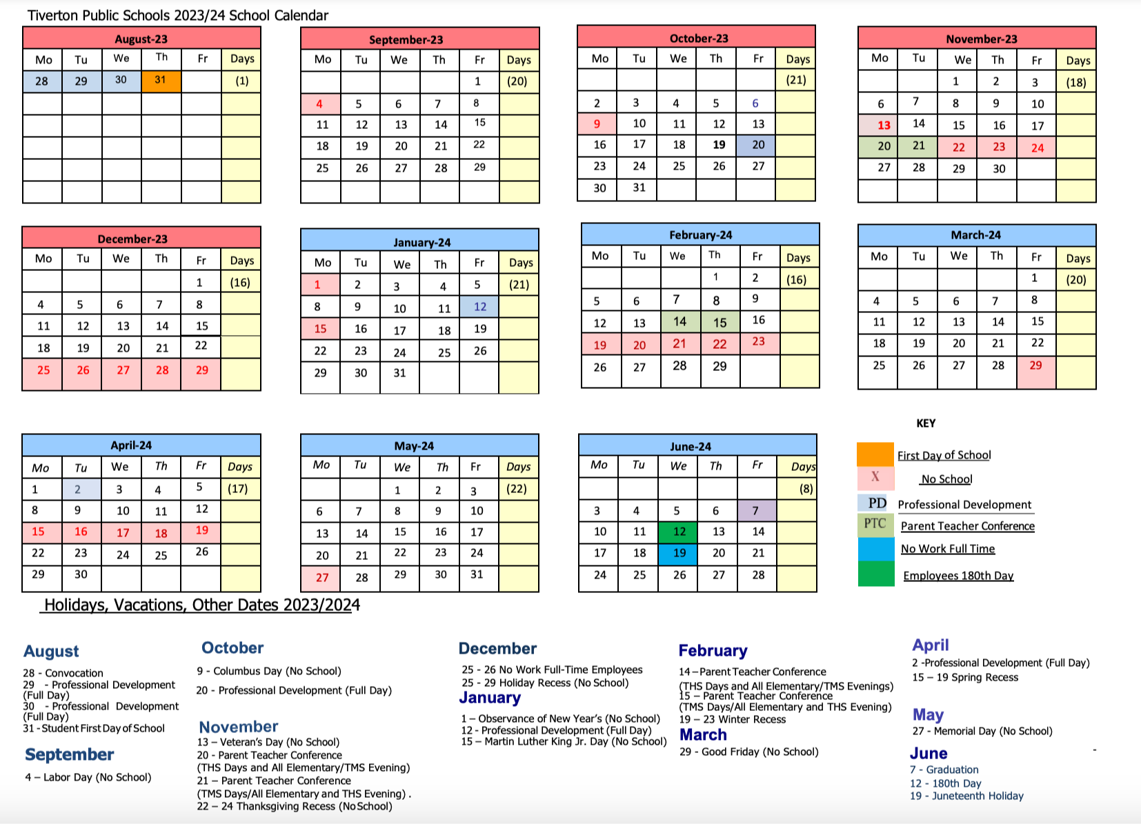 School Year Calendars | Tiverton School District