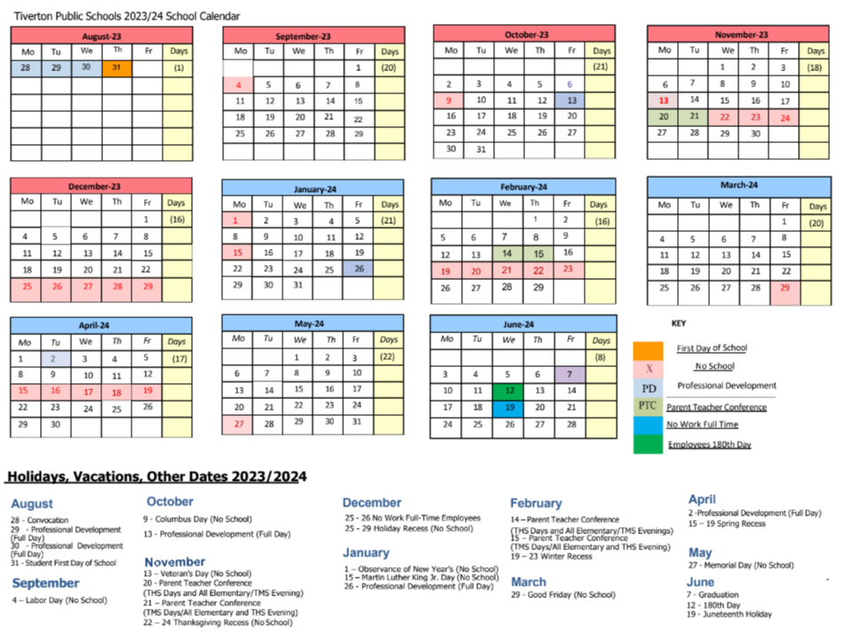 Tiverton Public Schools Calendar 2022-23