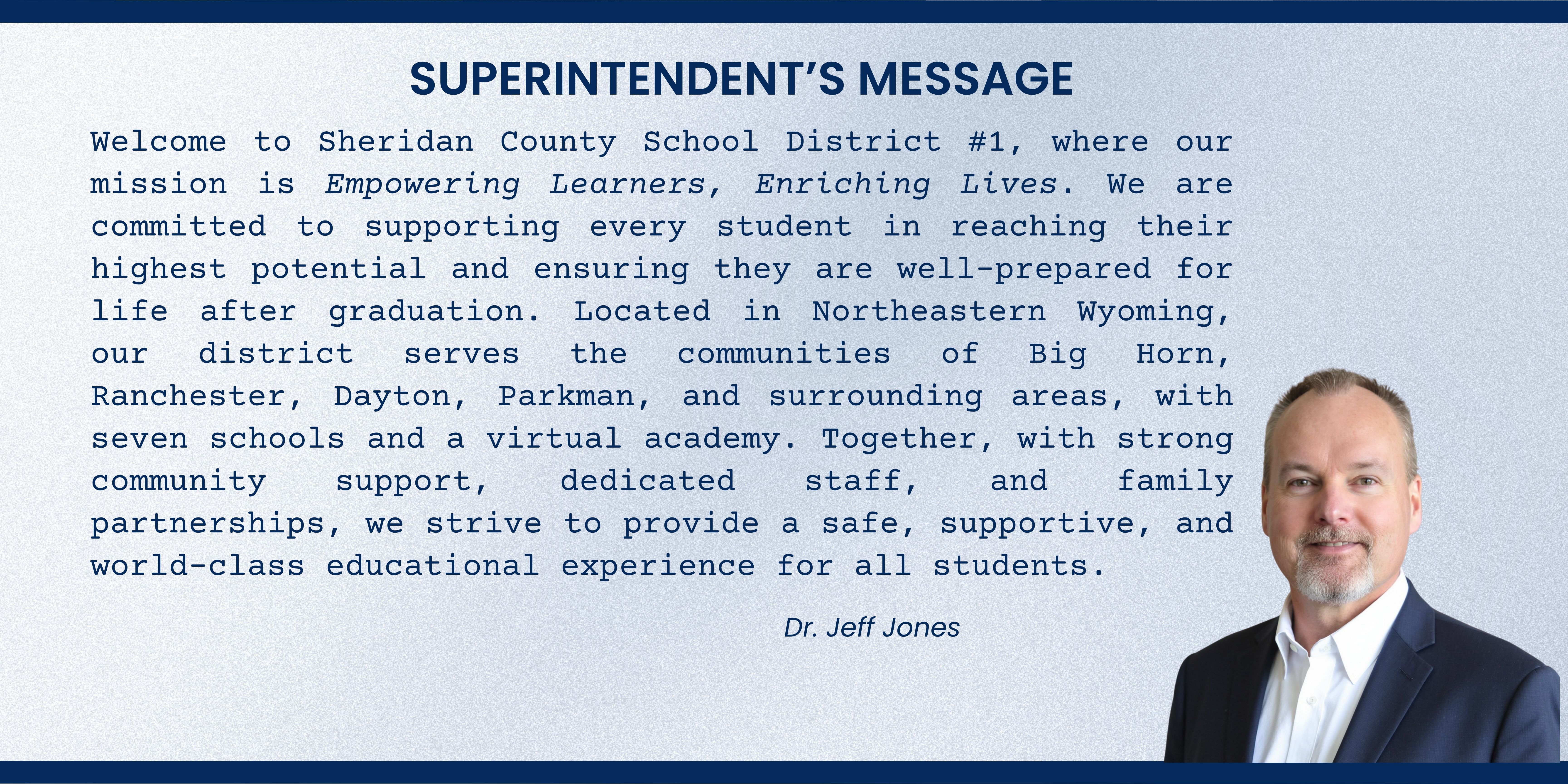 Superintendent Jones' message with blue background