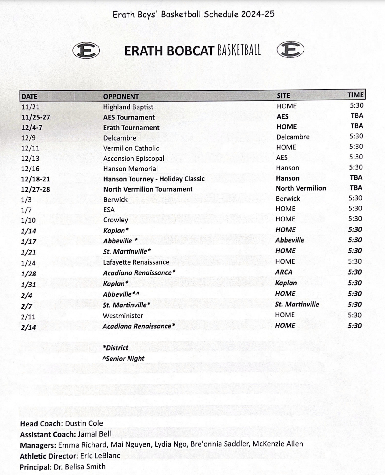 20242025 Basketball Boys' Schedule Erath High School