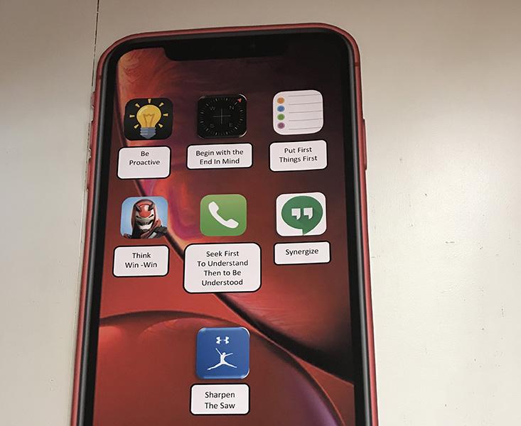 Bulletin board shaped like a phone and the 7 habits like apps