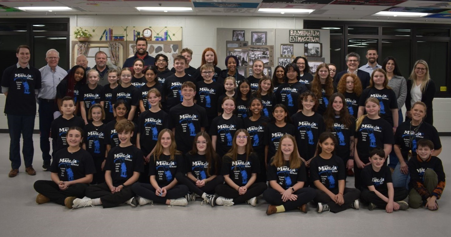 Benjamin 2025-2026 Theater Club group picture with Board of Education members