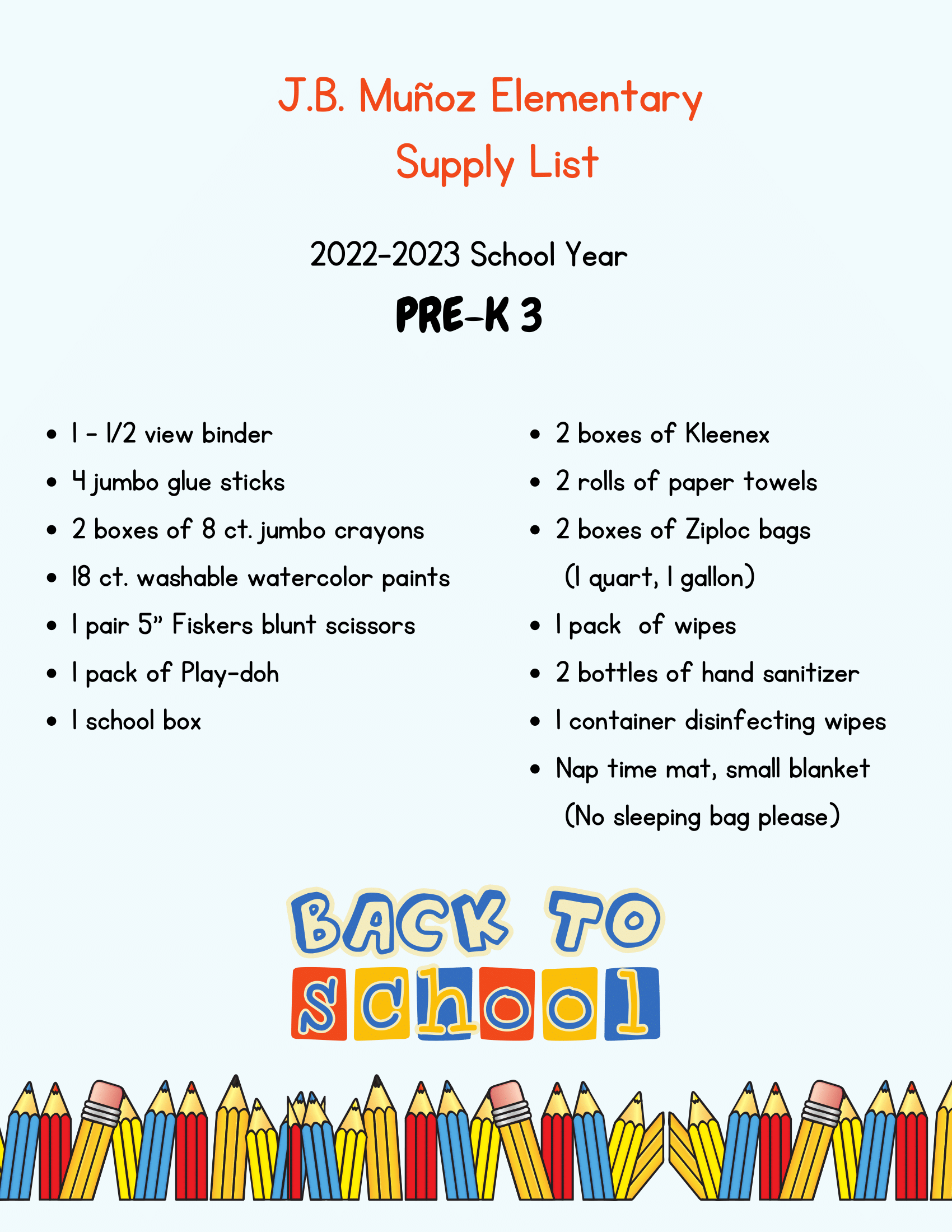 PK 3 School Supply List