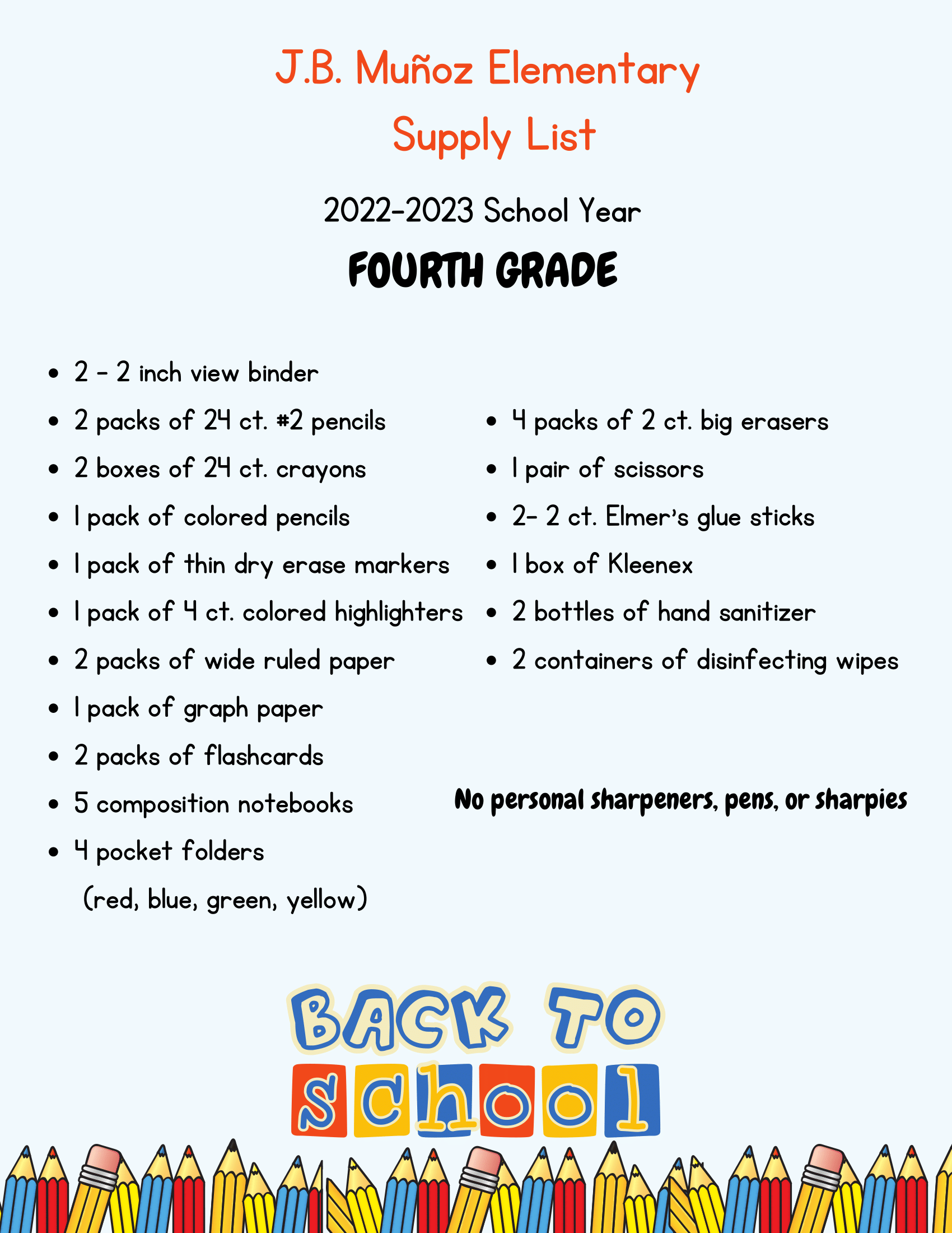 Fourth grade school supply list