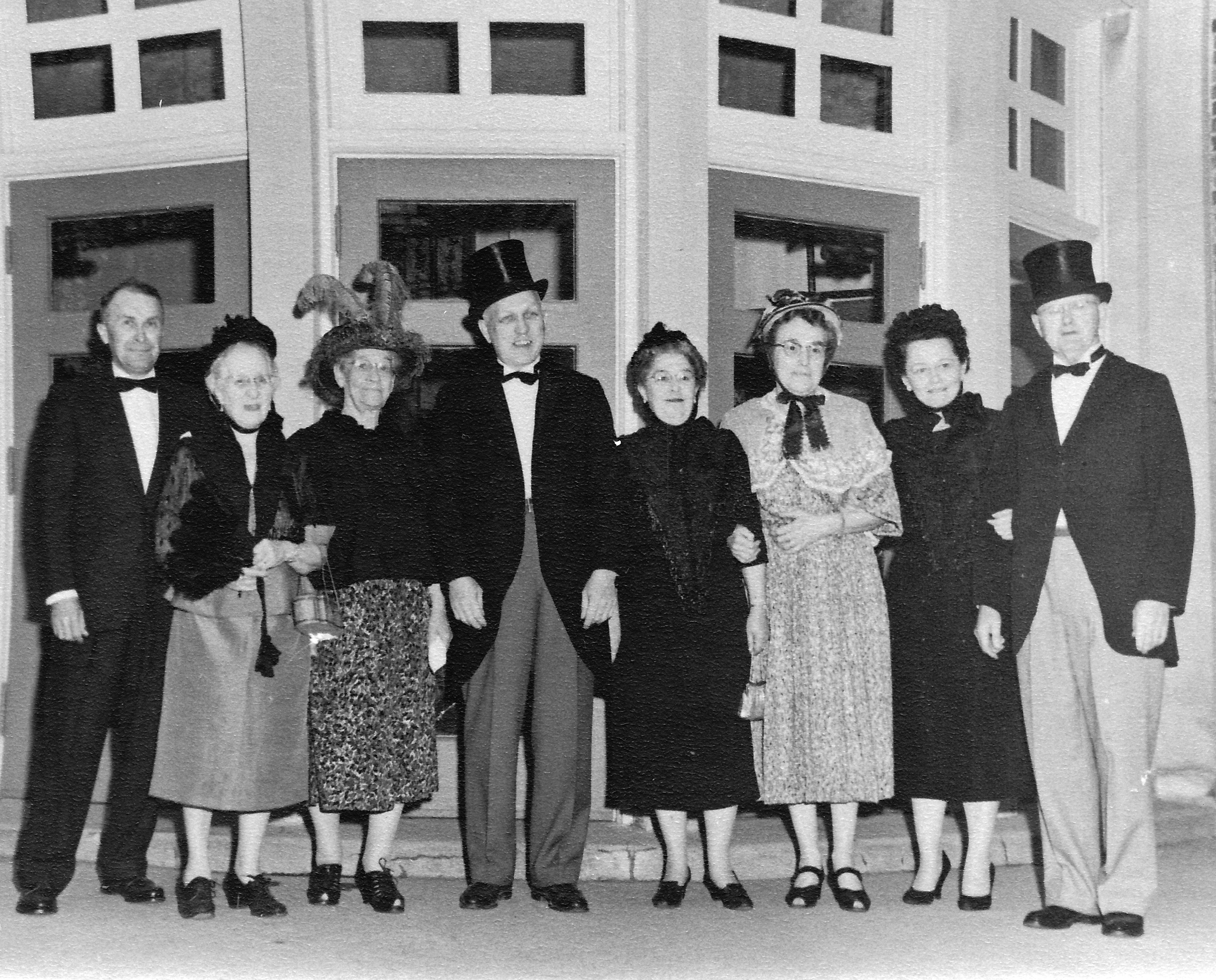 Congregational Church 100th Anniversary observance. Taken in front of Stair Gym before banquet, May 12, 1958. Dale Moore, Josephine Kellogg, Nellie Thompson, Henry Geisler, Margaret Buck, Mary Blanchard, Esther Tuttle, Art Buck.