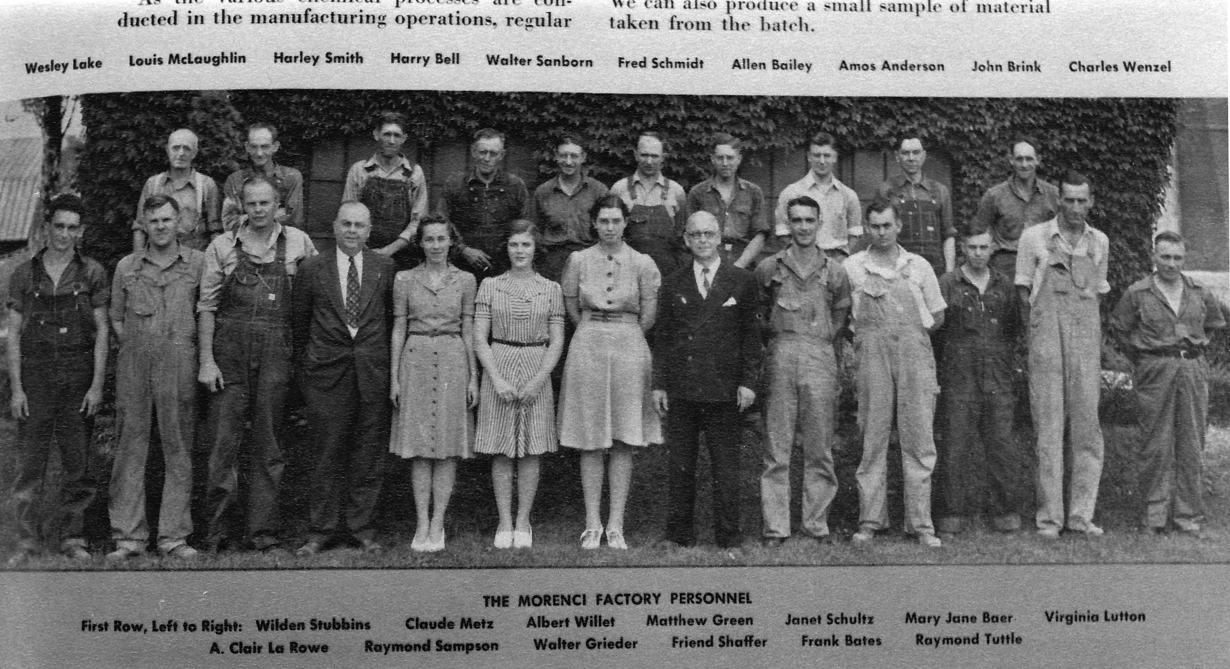 Parker Rust Proof Company and employees.   1941.   Top Row (l-r) Wesley Lake, Louis McLaughlin, Harley Smith, Harry Bell, Walter Sanborn, Fred Schmidt, Allen Bailey, Amos Anderson, John Brink, Charles Wenzel. First Row (l-r) Wilden Stubbins, Claude Metz, Albert Willet, Matt Green, Janet Shultz, Mary Jane Baer, Virginia Lutton, A. Clair LaRowe, Raymond Sampson, Walter Grieder, Friend Shaffer, Frank Bates, Ray  Tuttle.