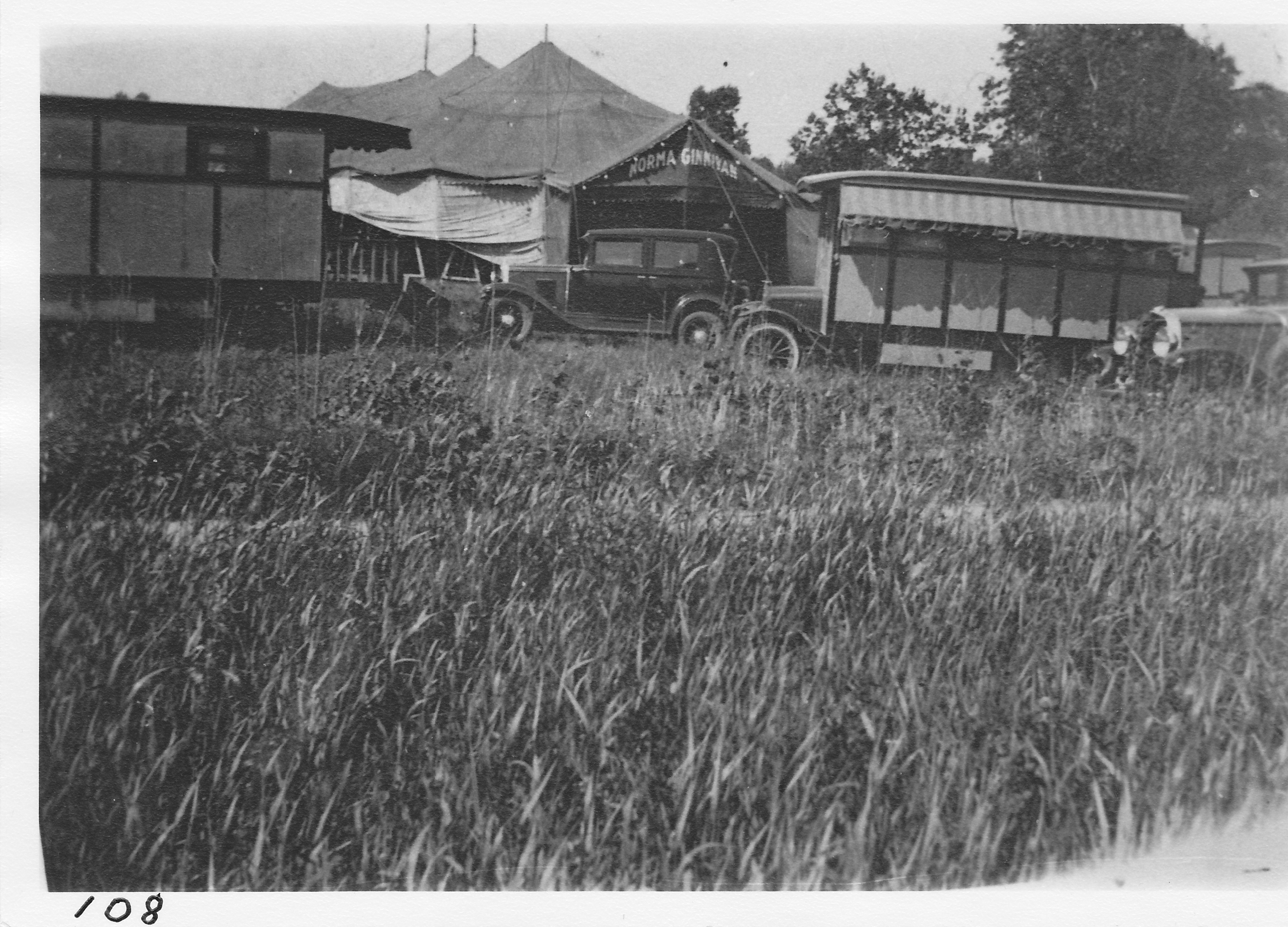 Ginnivan Dramatic Company.  Norma Ginnivan’s Tent Show played the small town circuit in the summer months.  Equipment was stored in Fayette, Ohio, through the winter.  Site is current Wakefield Park.