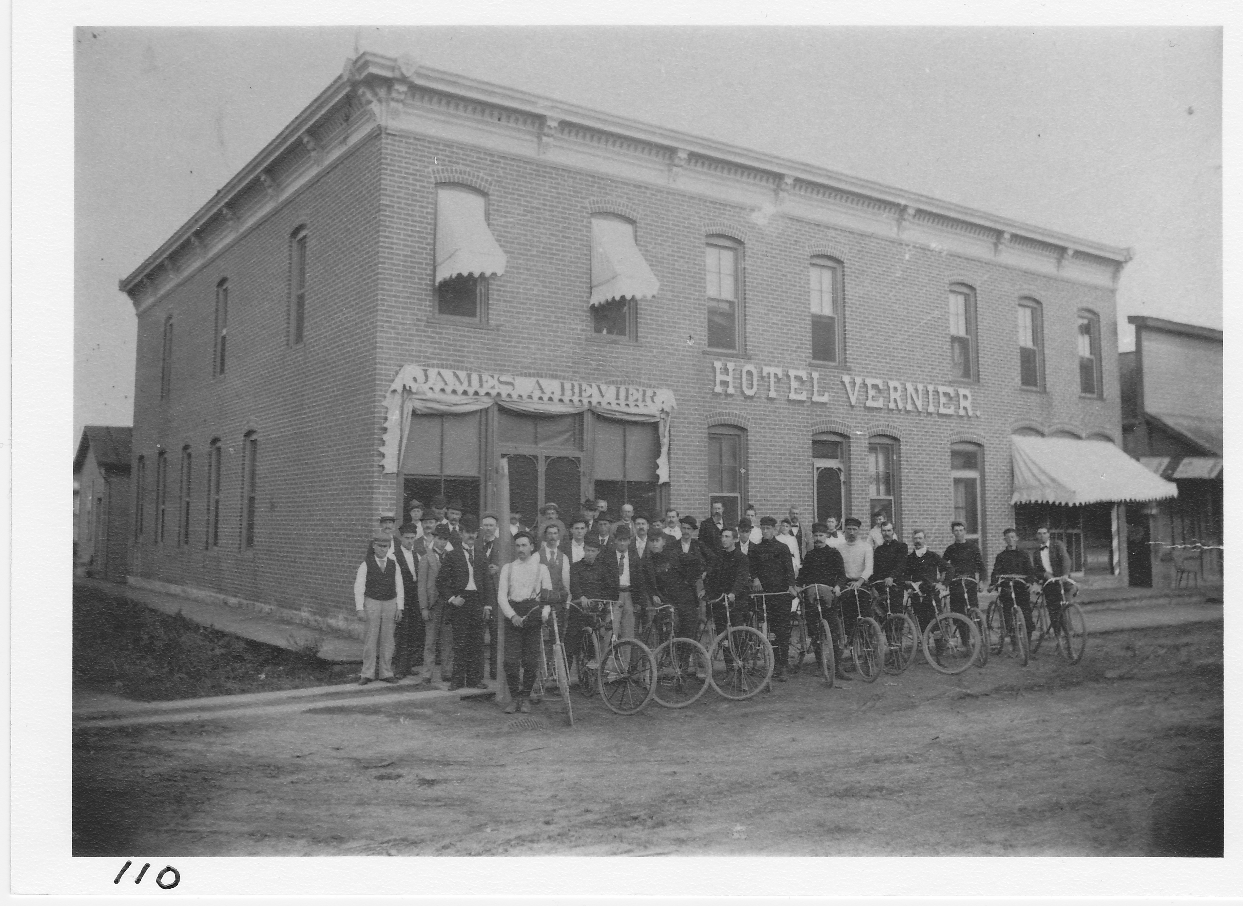 Morenci Bicycle Club visiting in Archbold, Ohio.  Clubs were popular in the “Gay 90s.”  Frank Kellogg and son Ray, Omer Osgood, Rube Smith, George Keyes, Harry Spencer were some of the members.  All sported Cleveland bicycles.