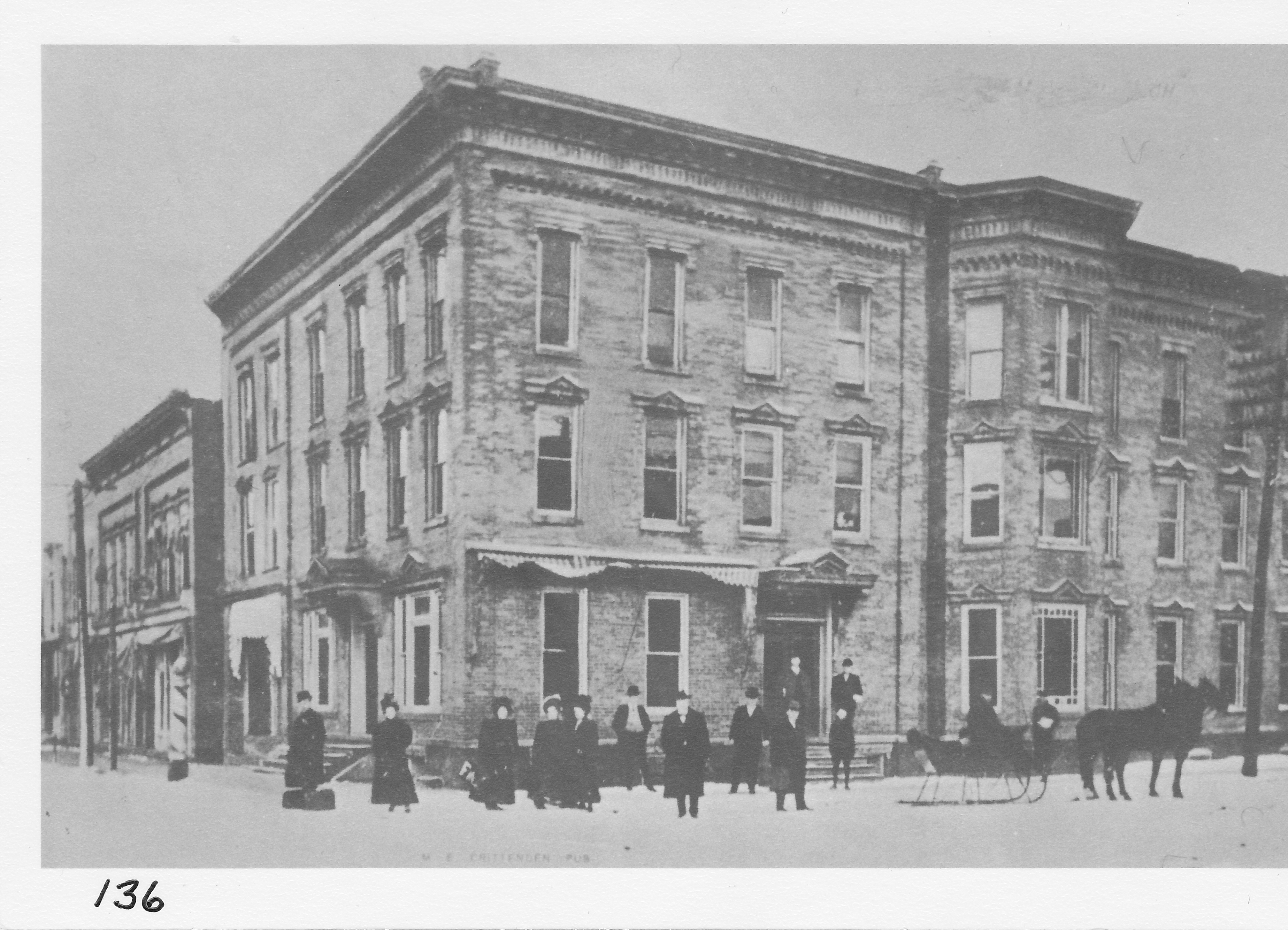 Hotel Saulsbury. Built in 1889 by Cary S. Saulsbury on the northwest corner of Main and North streets. The first meal was served Nov. 7, 1889. Demolished in 1970.