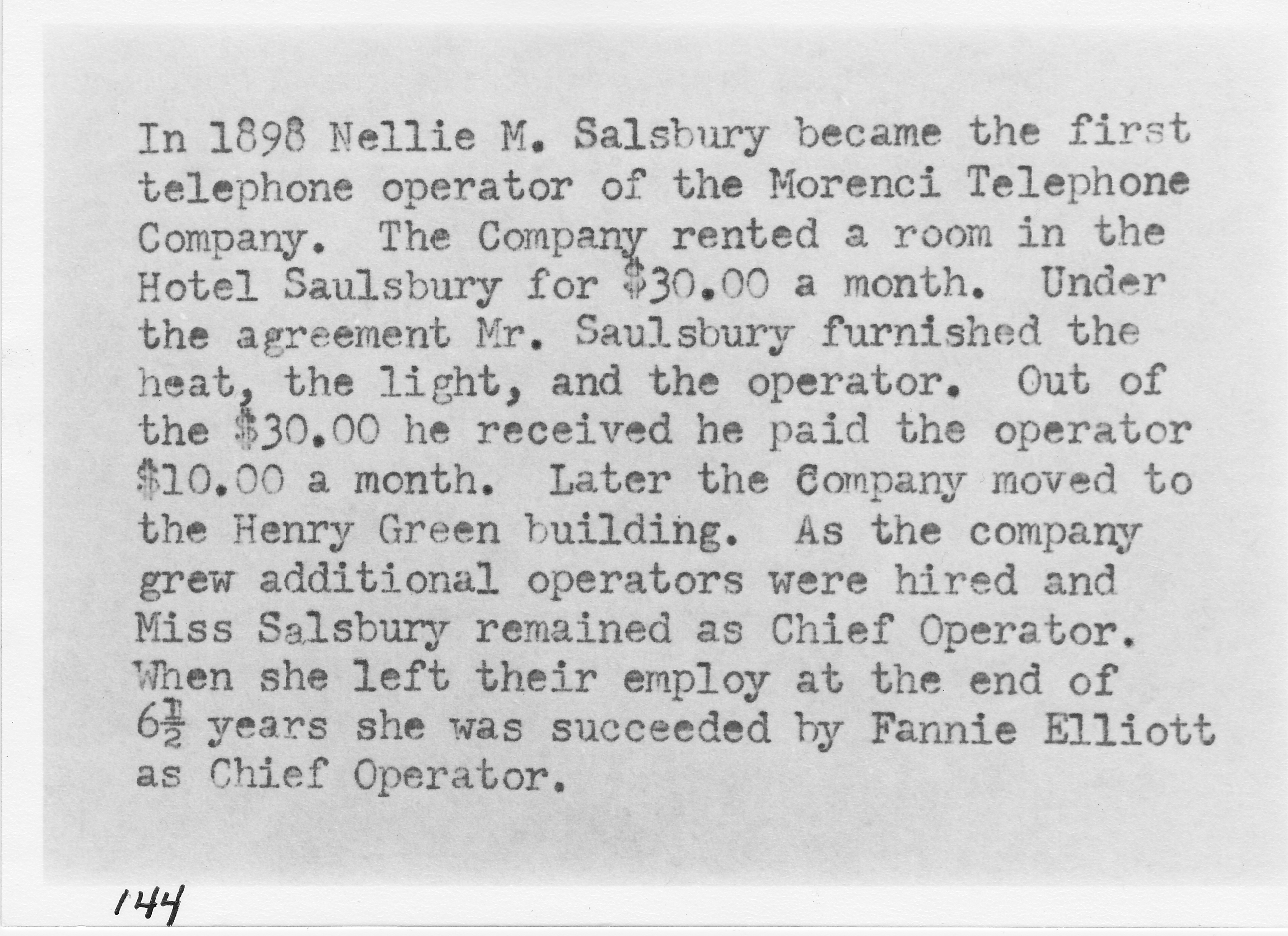 First telephone switchboard in Morenci, located on the second floor public room of Hotel Saulsbury. Nellie M. Saulsbury was the first operator.
