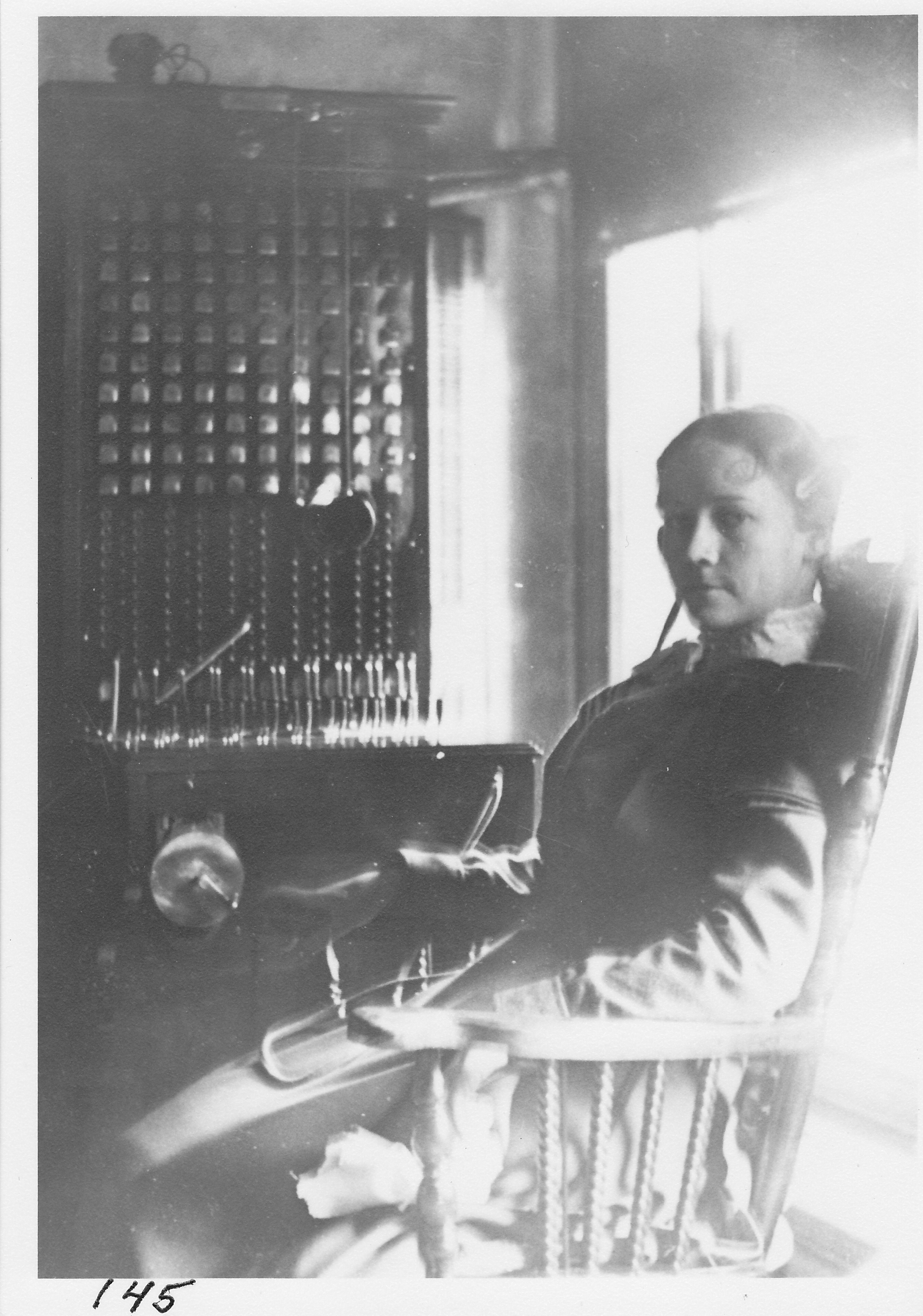 First telephone switchboard in Morenci, located on the second floor public room of Hotel Saulsbury. Nellie M. Saulsbury was the first operator.