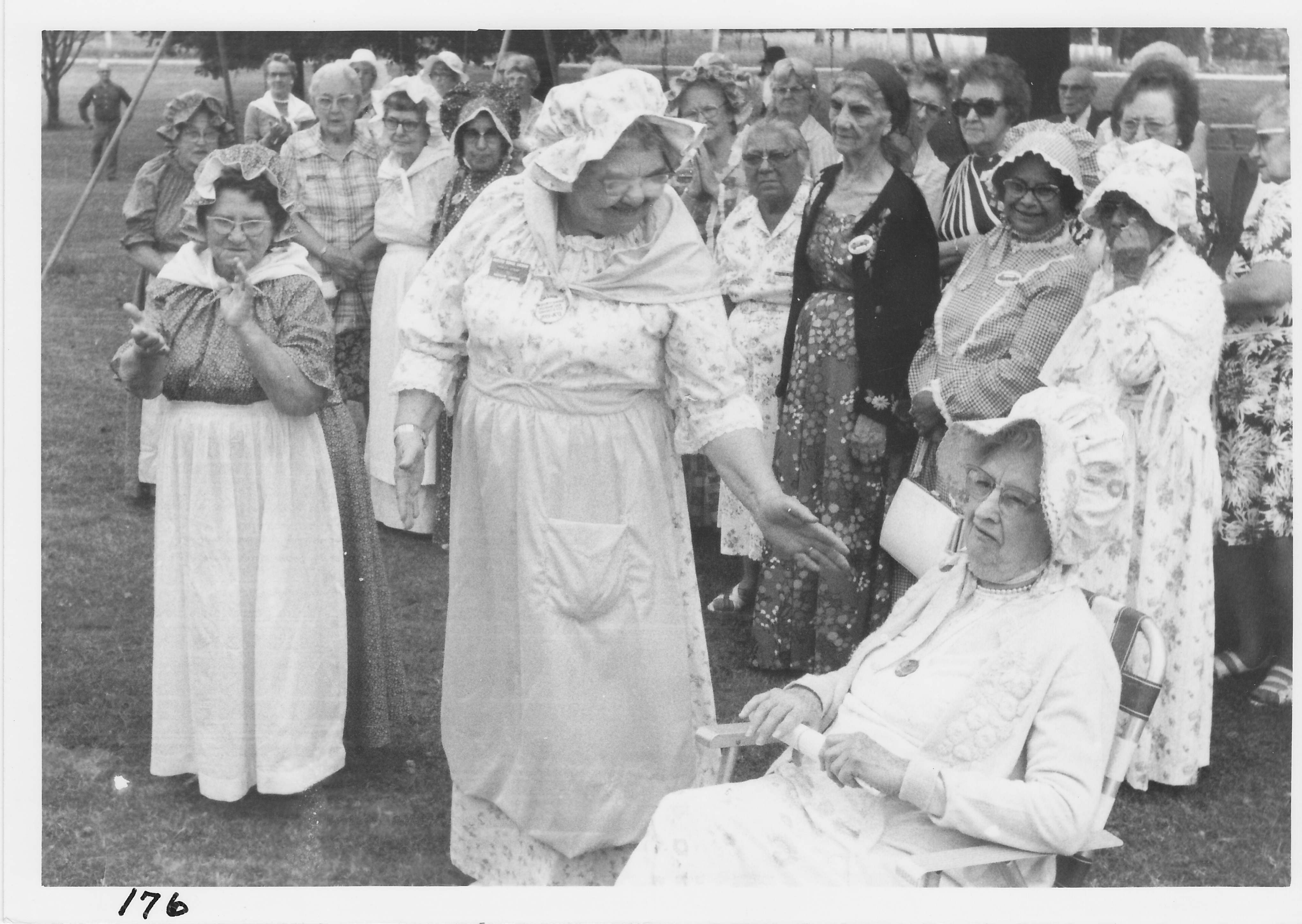 Bicentennial Celebration:  Florence Mannschreck, Mazie Clark and Minnie Green at front. Old fashioned dress contest, July 1976.