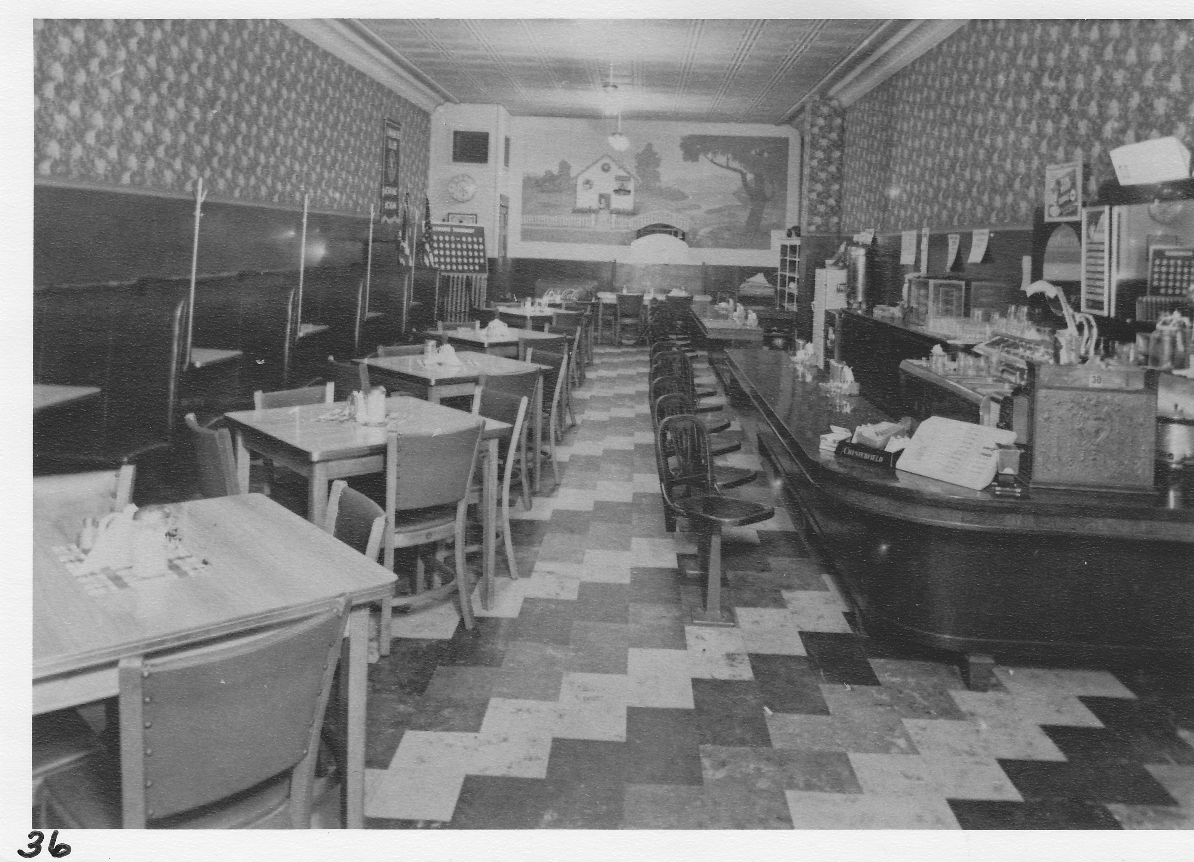 Interior of Red Apple Restaurant (late 1940s).  Former LaRowe Hardware building on north side of West Main Street. 