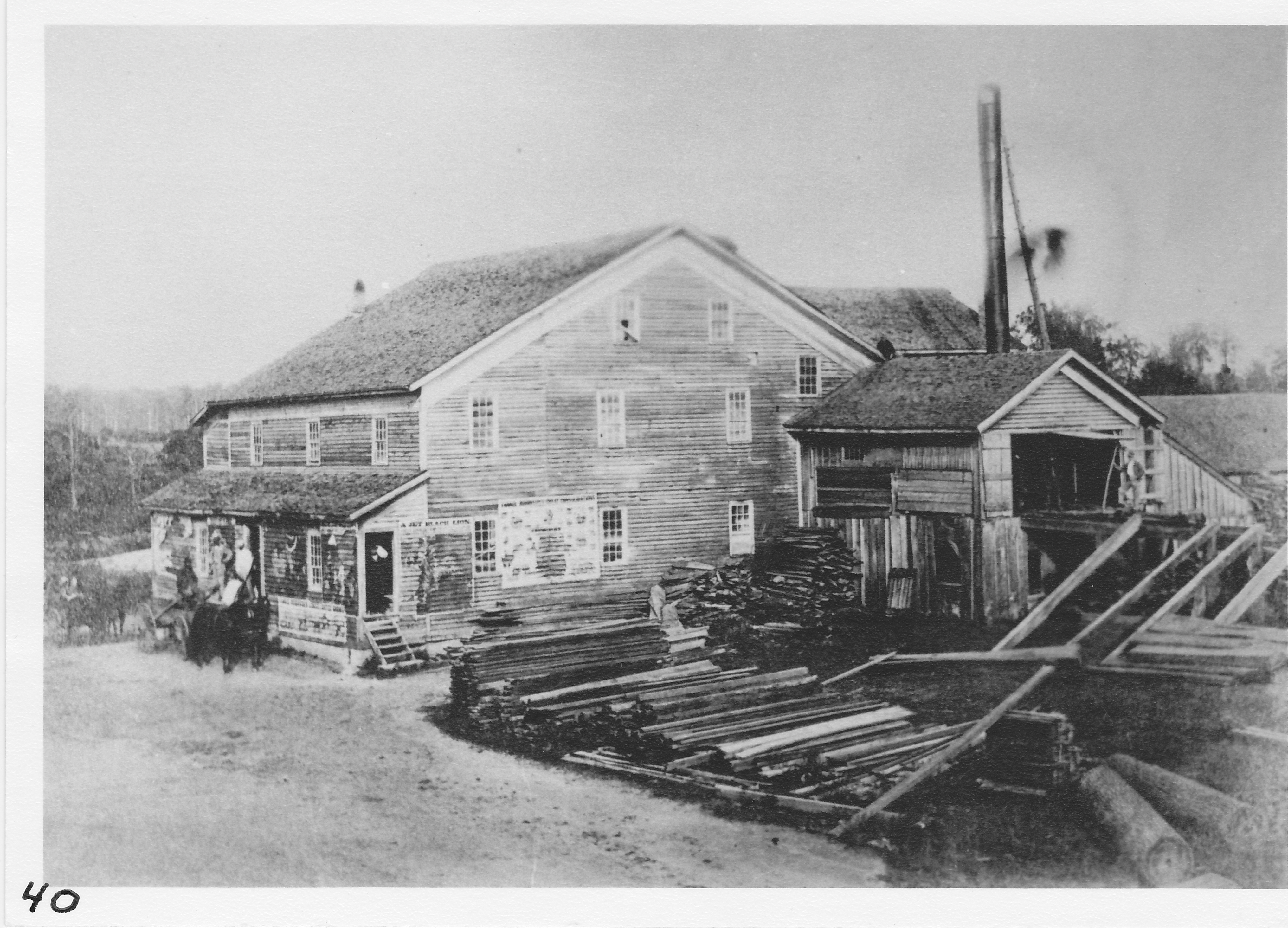 Grist & Saw Mill (stood on site of Stair Auditorium).  In 1846 the mill was moved to this site from Baker’s Corner (Rendel oil tanks now).  Was originally built by Jacob Baker.  Moved by Franklin Cawley. Sold to Ezra Gillis.  Burned in1896.