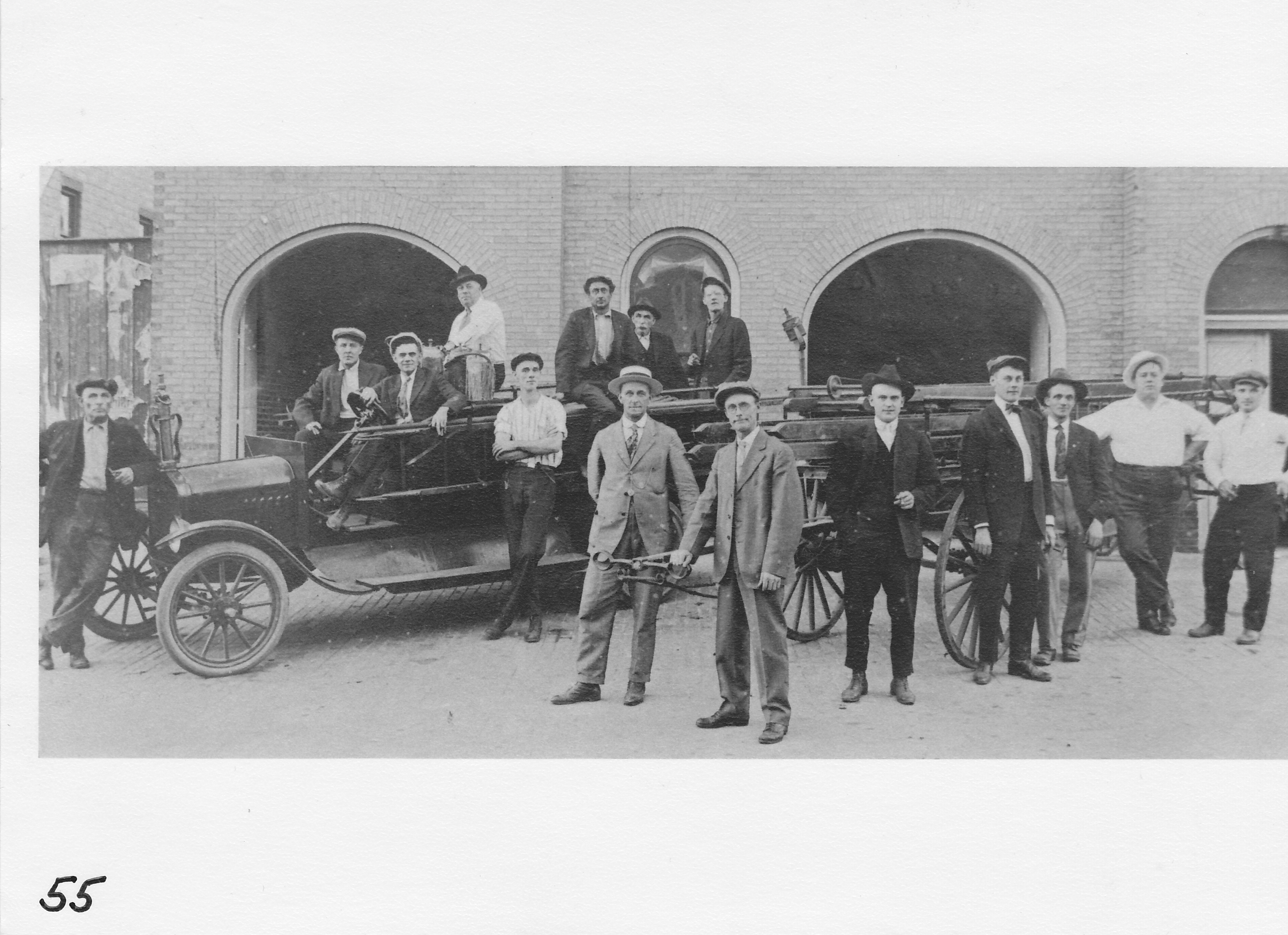 Morenci Volunteer Fire Dept. Photo in 1919.  Front of truck – Frank Sharr. On back (l-r) Roy Sebring, Earl Smith, Bill Gates, Milt Morningstar, Ben Robinson, Homer Wilson.  Standing (l-r) – Slim Holland, Oliver Onweller, John Beadle, Ward Fogelsong, Irwin Warner, Gordon Peltz, Bert Osgood, Pat Whaley.