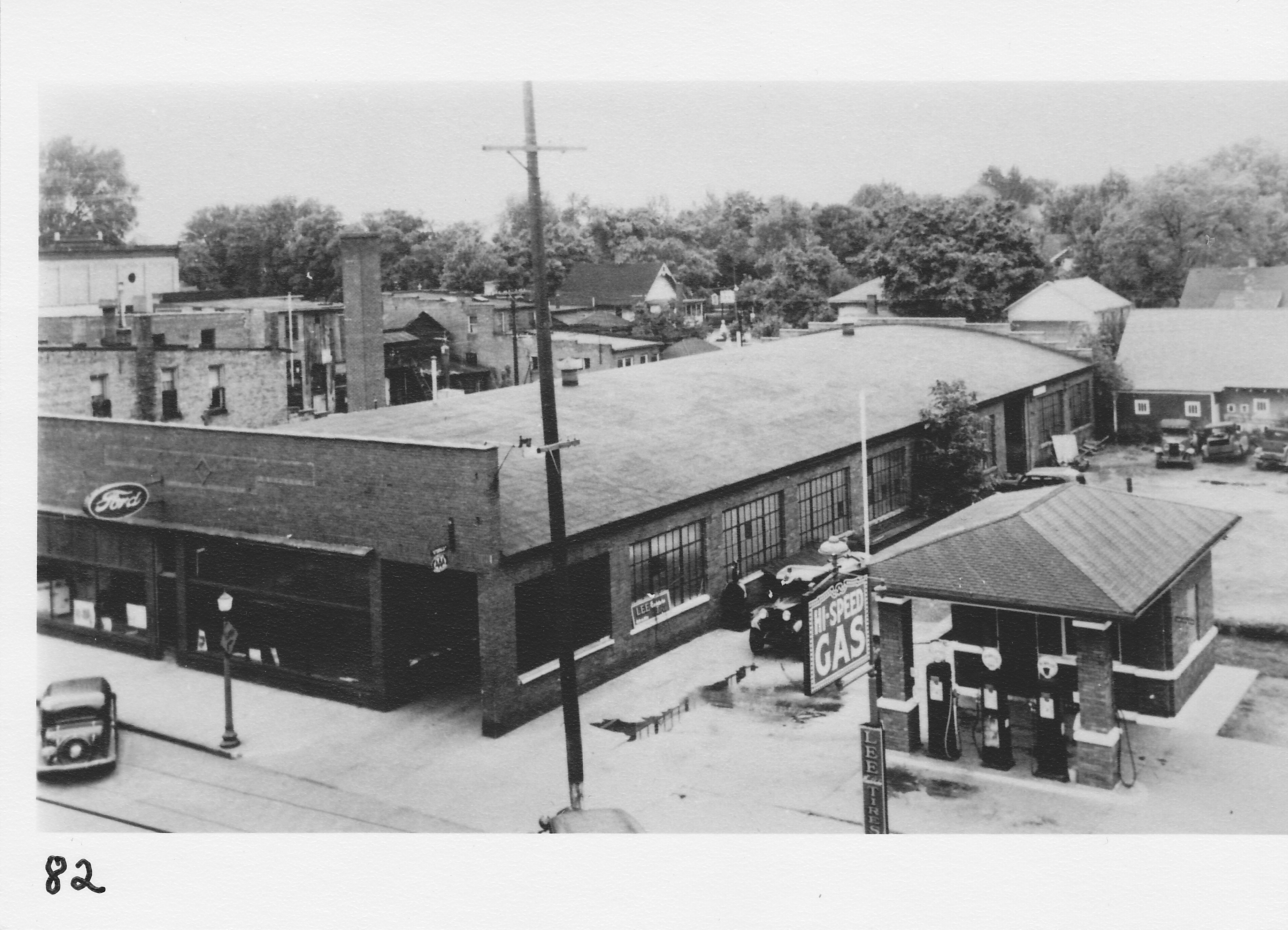 Swaney’s Ford Garage and Gas Station.  Main Street, north side.  Built in 1926.  Later a bowling alley and post office.
