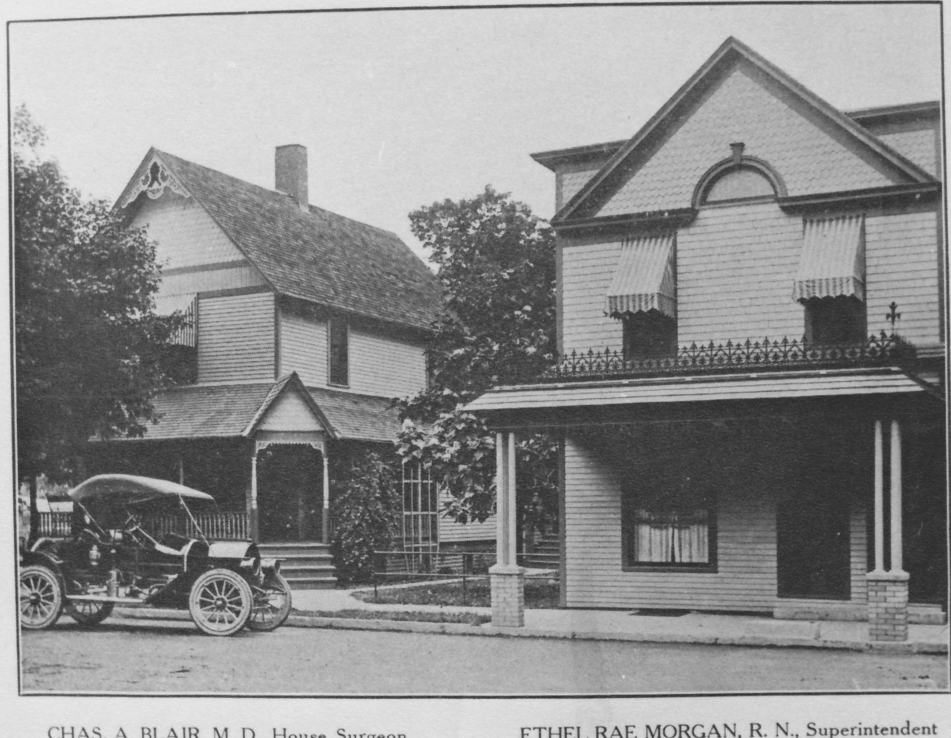 Dr. C. A. Blair’s home and Hal C. Blair Memorial Hospital, built in 1908.  Home at 128 North Street, hospital just north of the newspaper office.  Home was built in 1900.