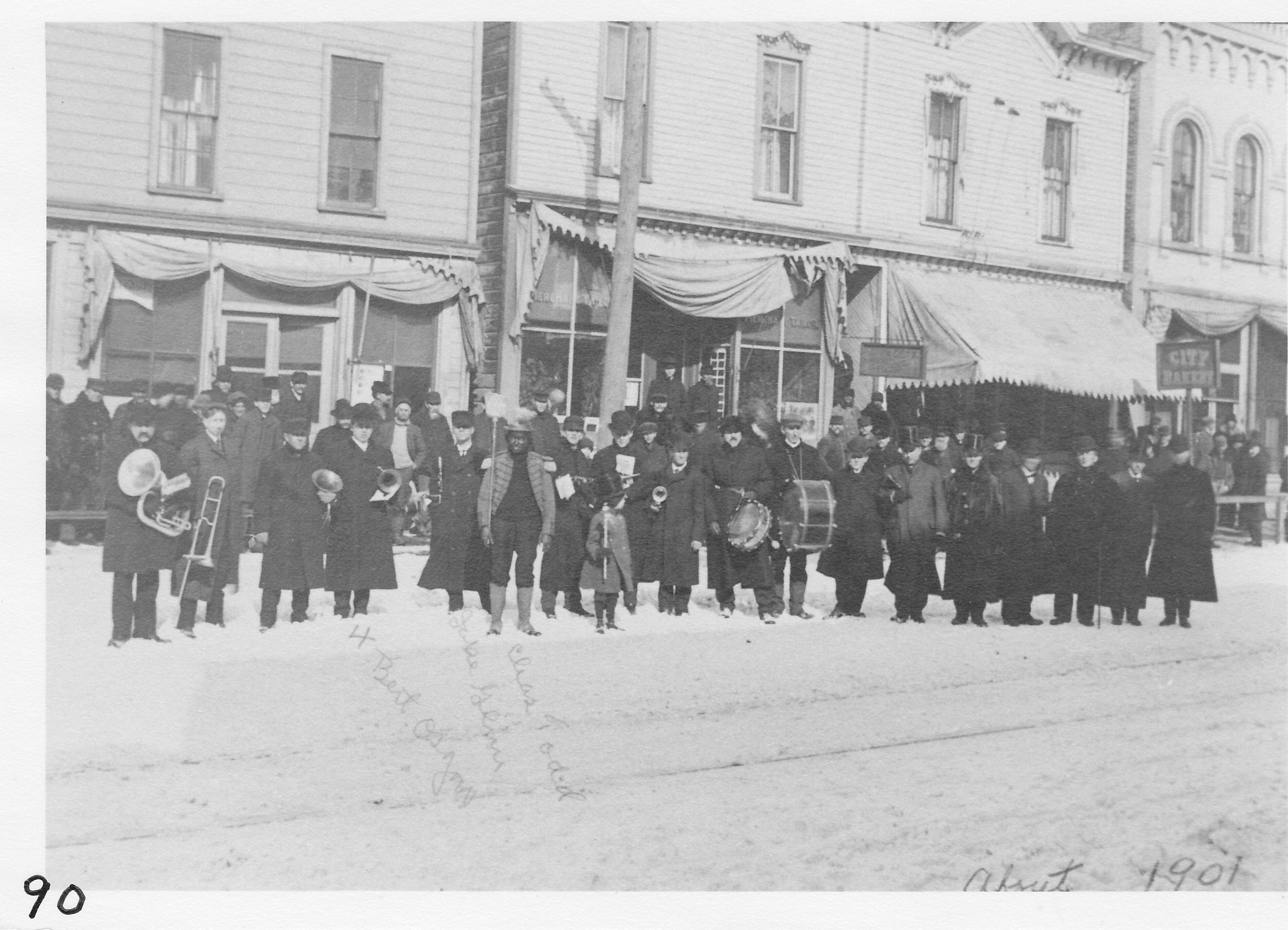 The Morenci Band.  North side of W. Main Street, west of the hotel, about 1901.  Musicians are the same as in the following photo.