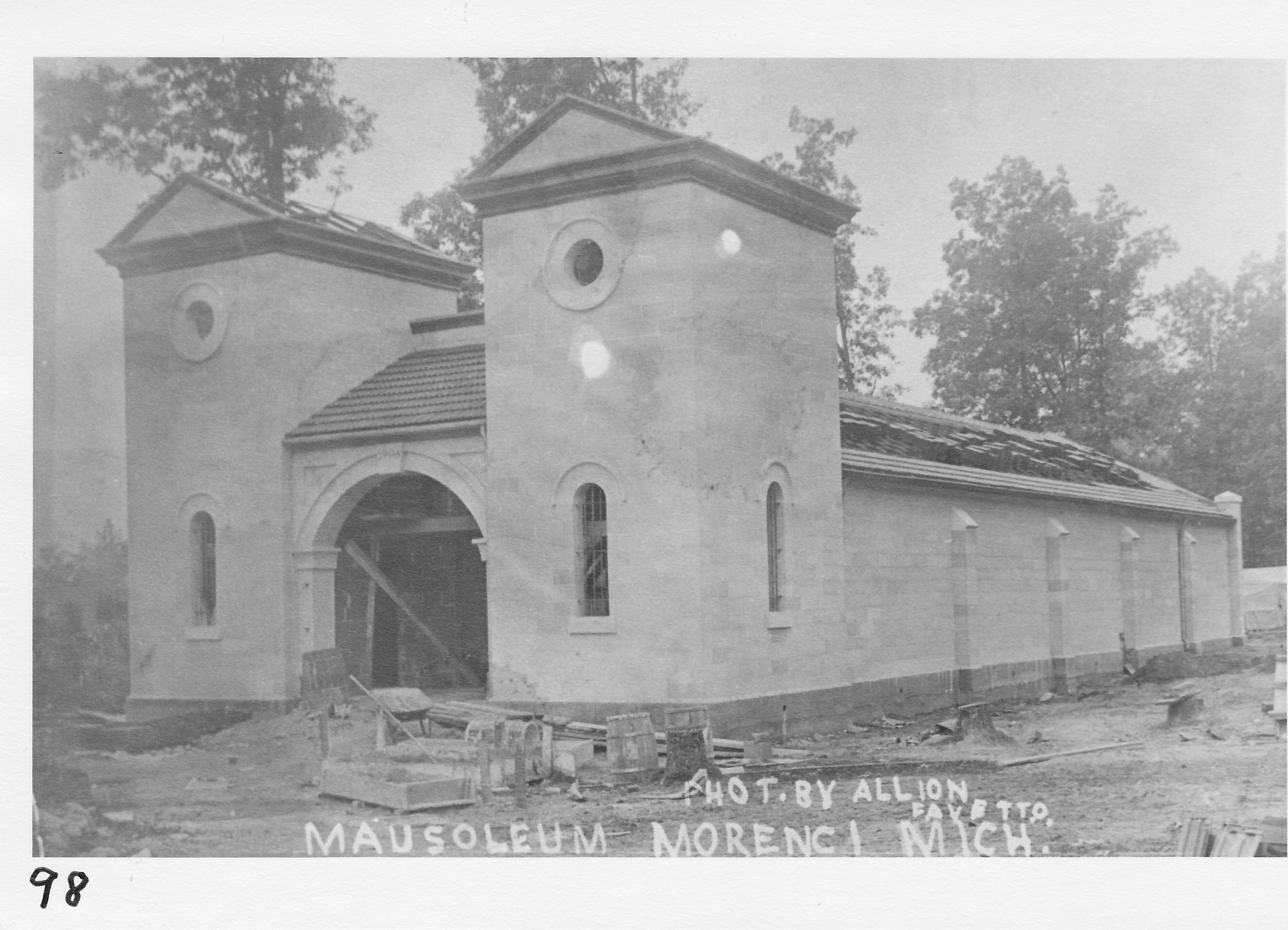 Oak Grove Mausoleum under construction 1908.  Razed in 1952.