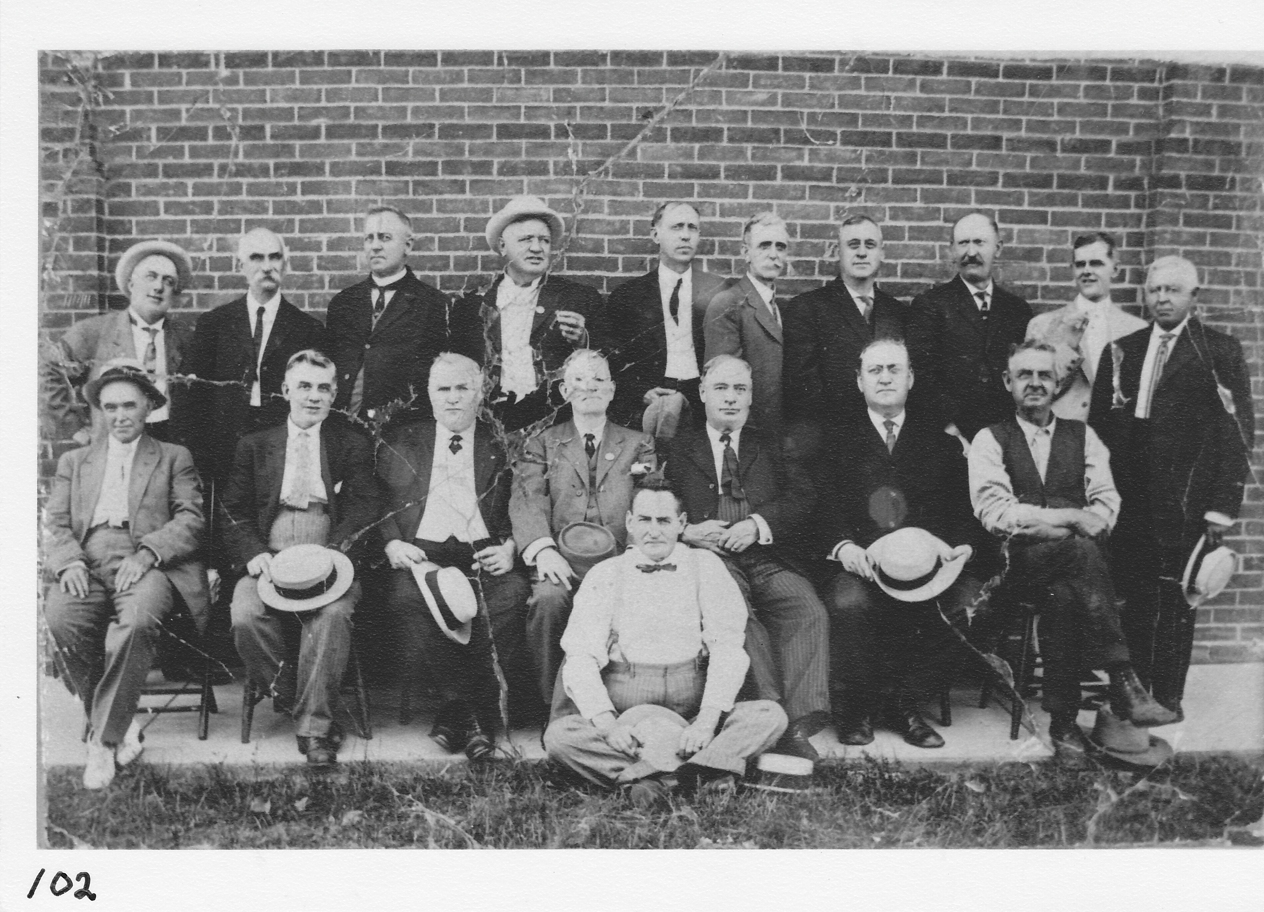 West side of Stair Auditorium, photo from 1912.  Front row (l-r) Fred Sutton, Roscoe Wilson, Dr. Charles Blair, George Conant, Leon Mowry (front), Hugh Pegg, Vern Allen, Leander Baker.  Standing (l-r) Fenn Wilson, Dr. C. Ballis, Del Stephenson, Fred Day, Elias Buttes, Frank (Cube) Smith, Frank Cawley, A. E. Allen, L. A. Snow, W. W. Crabbs.