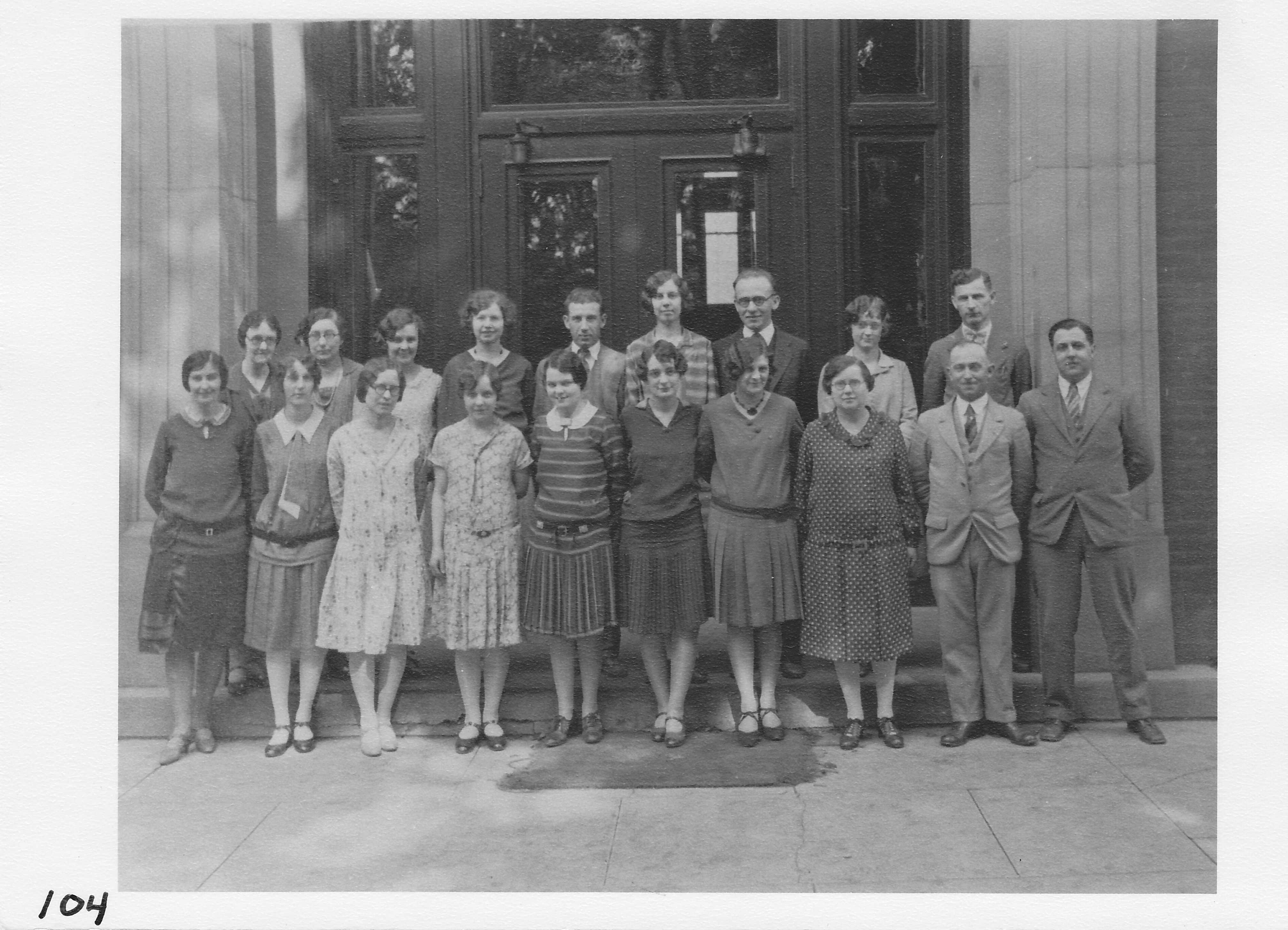 Morenci school teachers about 1930 or 1931.  Top row (l-r) Hattie Lang, Lulu Saulsbury, Alberta Spooner, Earl Rich, ____ Fritz, Ralph Folks (principal), and S. E. Touhey (superintendent).  Front row (l-r) _________, Lucille Harwick, Esther Peppiott, _________, Lavern Schofield, ___________, ____________, __________, A. B. Twist.
