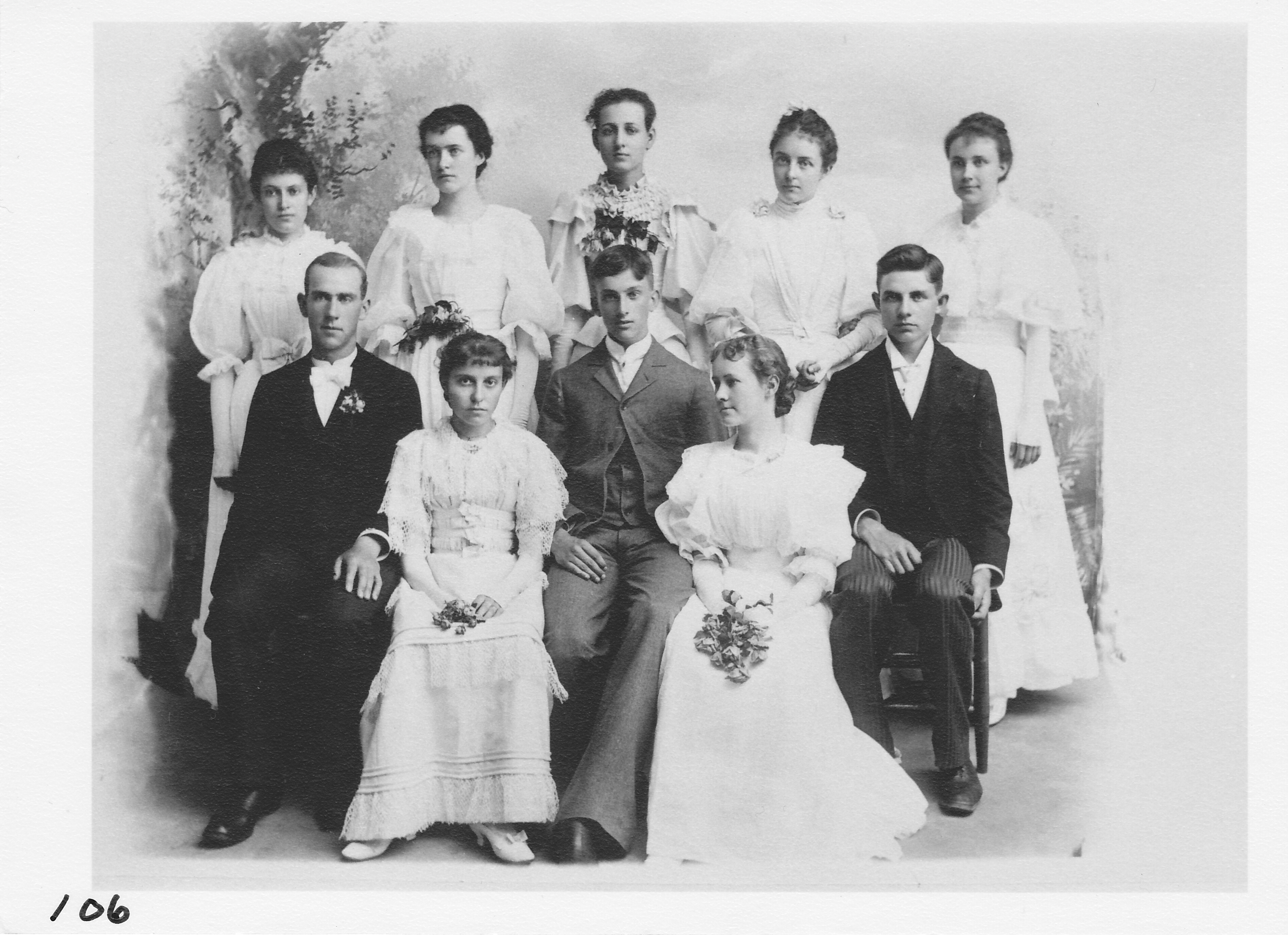 Morenci High School Class of 1894 – Graduation.  Standing (l-r) Nettie Sweet, Bessie Blanchard, Maude Chase, Anna Cawley, Rose Abling.  Sitting (l-r) Clarence Waid, Grace Colvin, Frank Bradley, Nellie Saulsbury and Herbert Youngs.