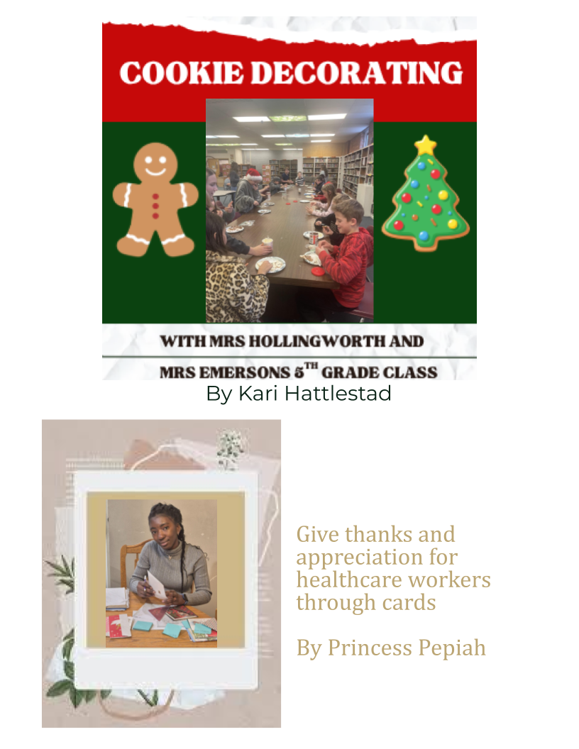 hhs leadership projects.  thank you cards to healthcare workers. cookie decorating with 5th grade students