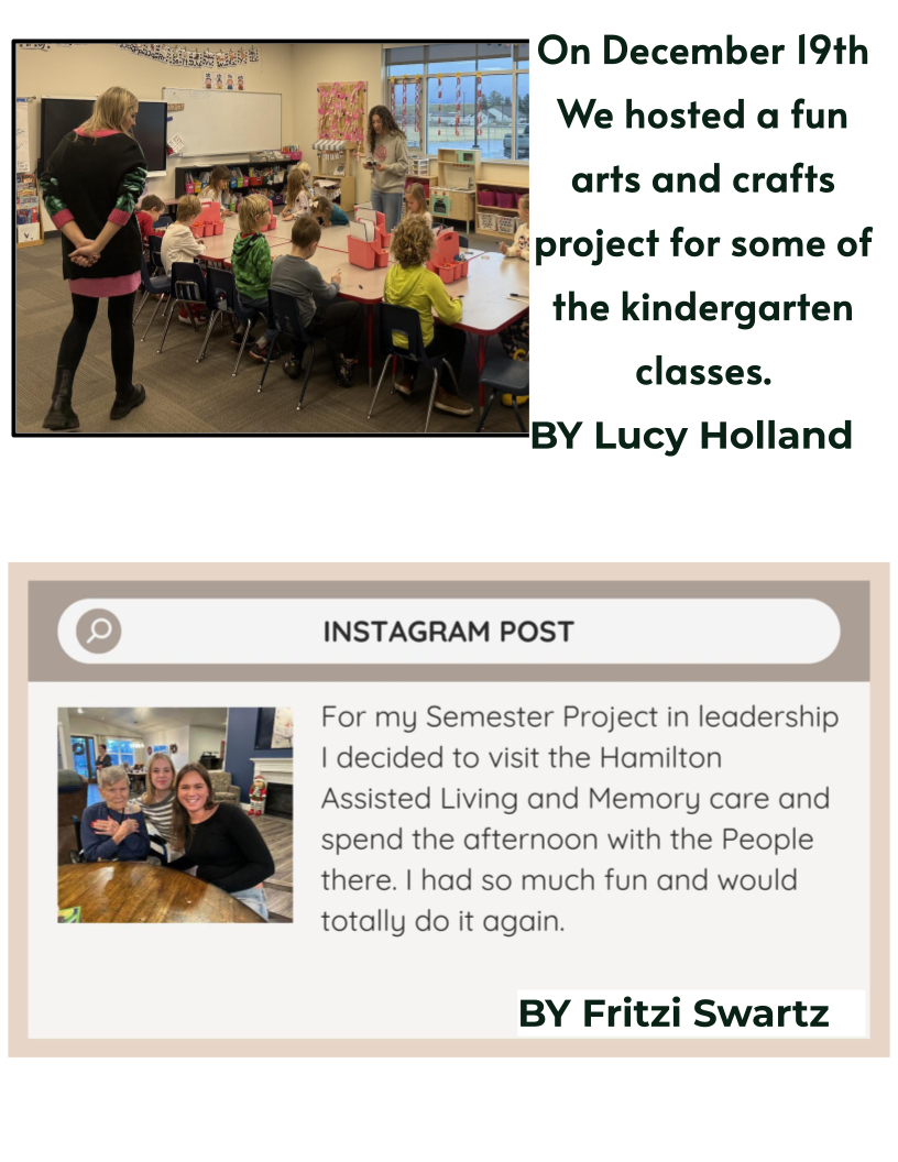 hhs leadership class projects.  Arts & crafts fundraiser for local kindergarten classes.  Spending time with residents of the hamilton assisted living & memory care