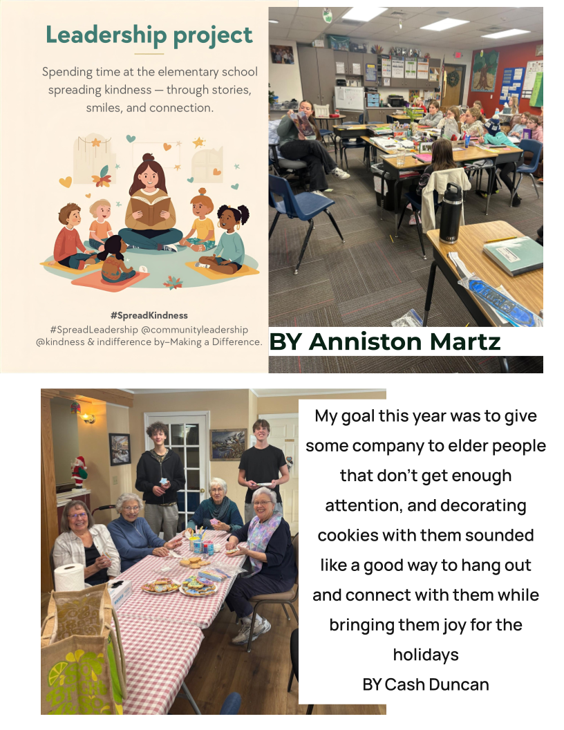 hhs leadership class projects.  reading and spending time with elementary students.  spending time with the elderly by baking and decorating cookies with them