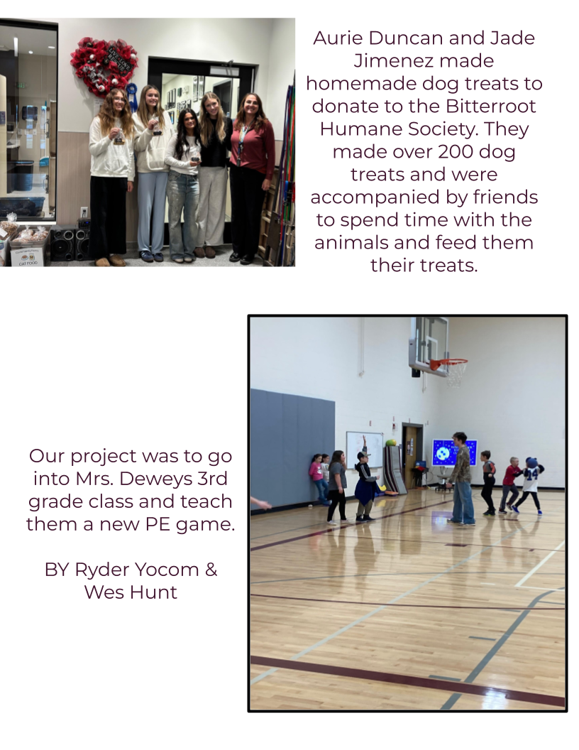 hhs leadership project,  making homemade dog treats for the dogs at the local humane society.  helping teach a new PE game to the 3rd grade gym class at daly elementary