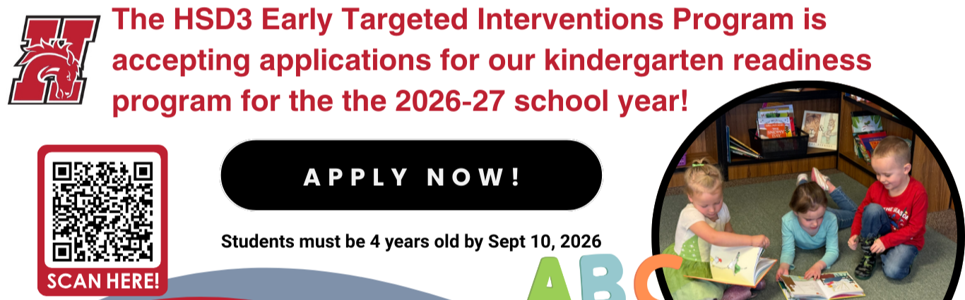 Early Targeted Interventions Program is accepting applications for the 2026-27 school year.  Students must be 4 years old by Sept 10, 2026
