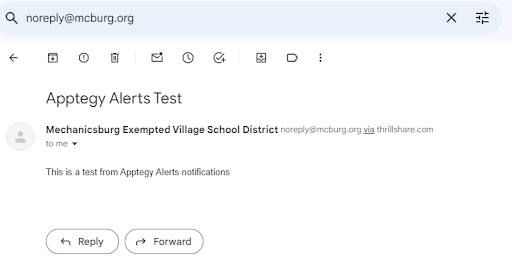 Sample picture of email notification from Apptegy