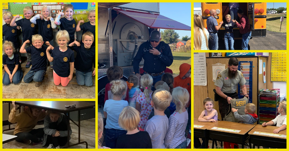 Photo collage - fireman, jr fireman, sheriff in classroom