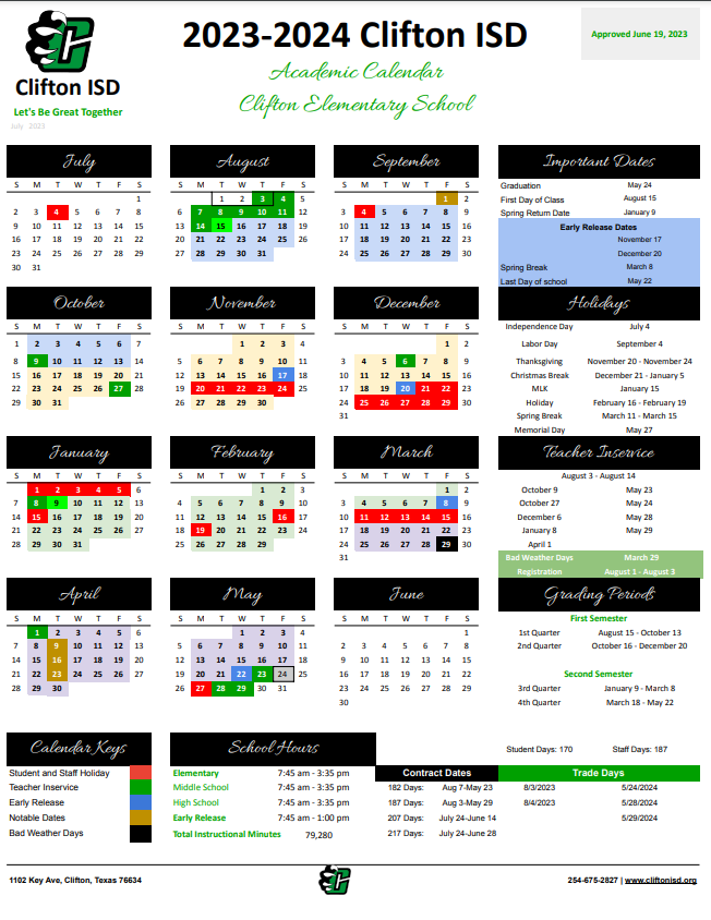 2023-24 Clifton Elementary Academic Calendar - 4, 9 Week Grading Cycles