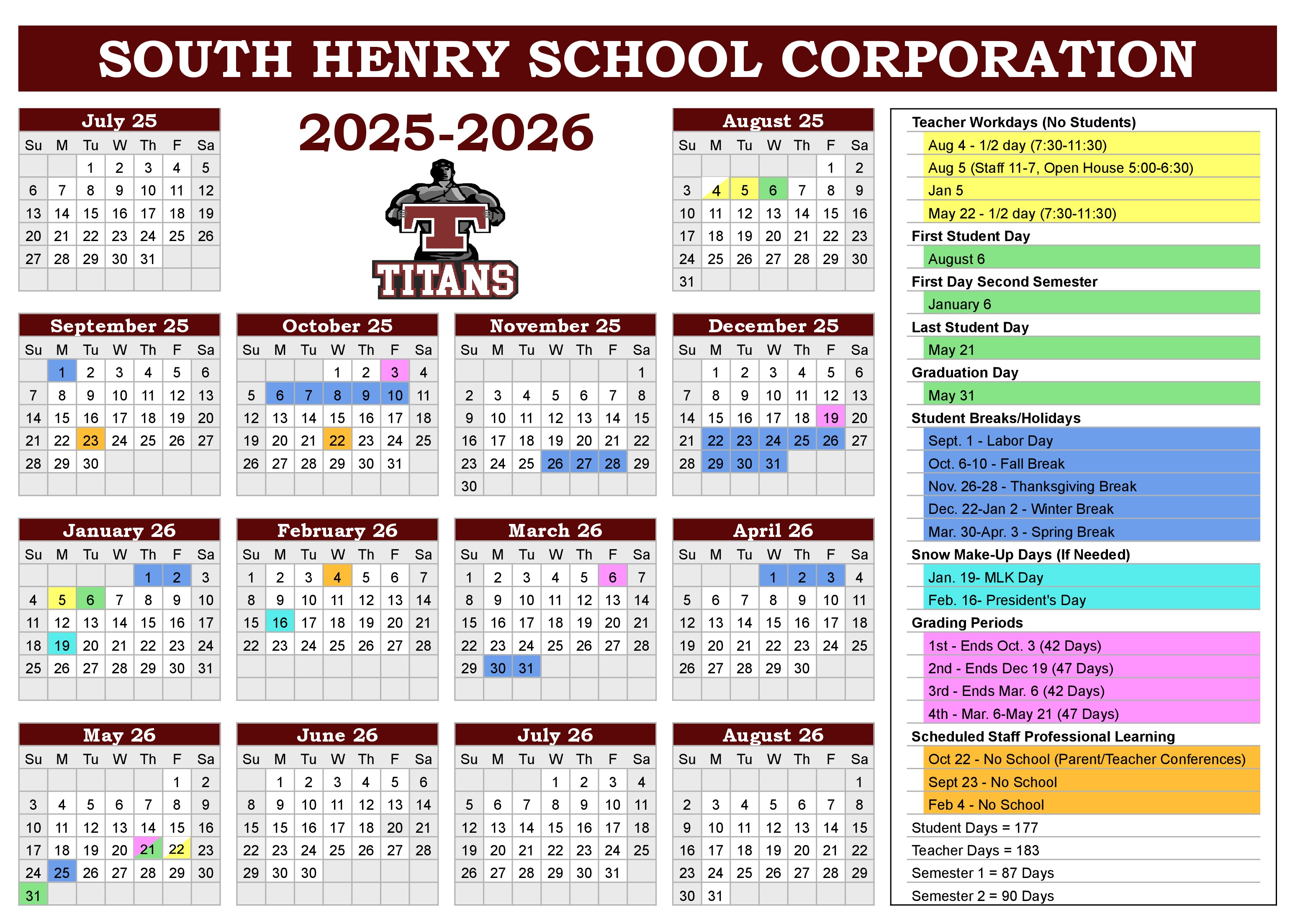 2025-2026 School Corporation Calendar