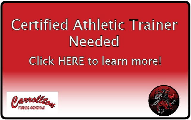 Certified Athletic director needed. Click HERE to learn more! Red background with Cav logos.