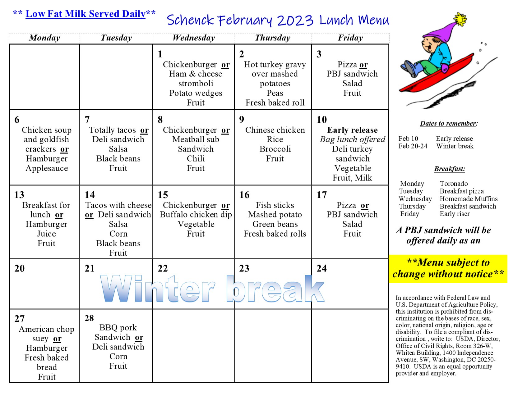 School Lunch Menus East Millinocket Schools