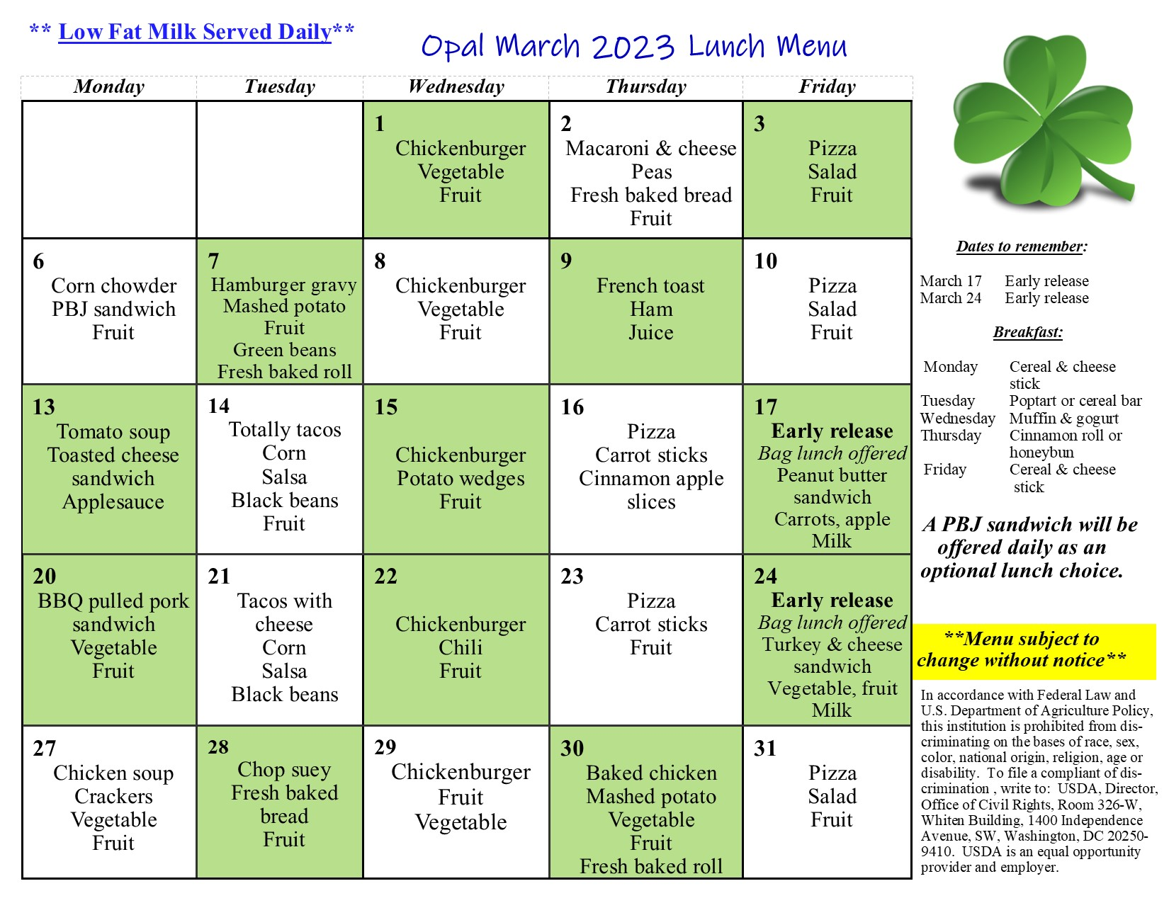 Picture displays the lunch menu for March at Opal Myrick School