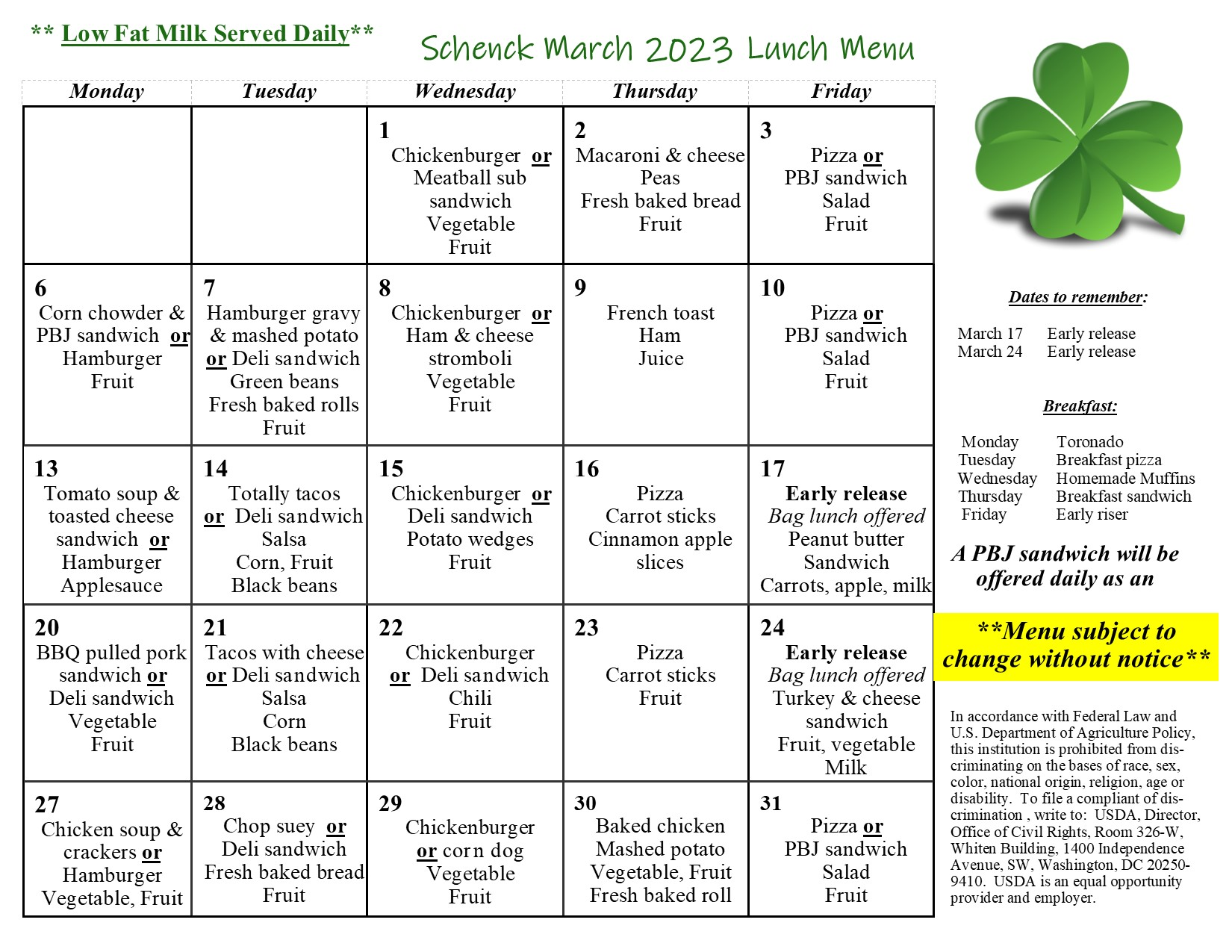 Schenck High School lunch menu for March 2023