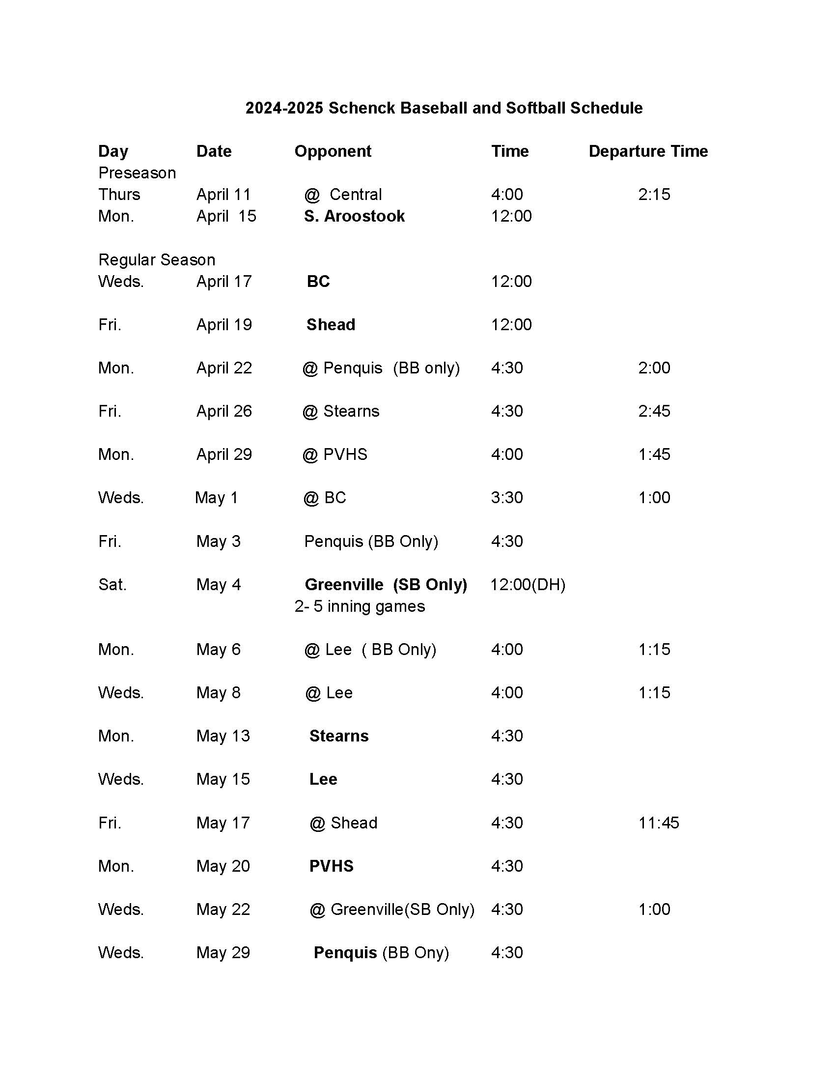 softball schedule