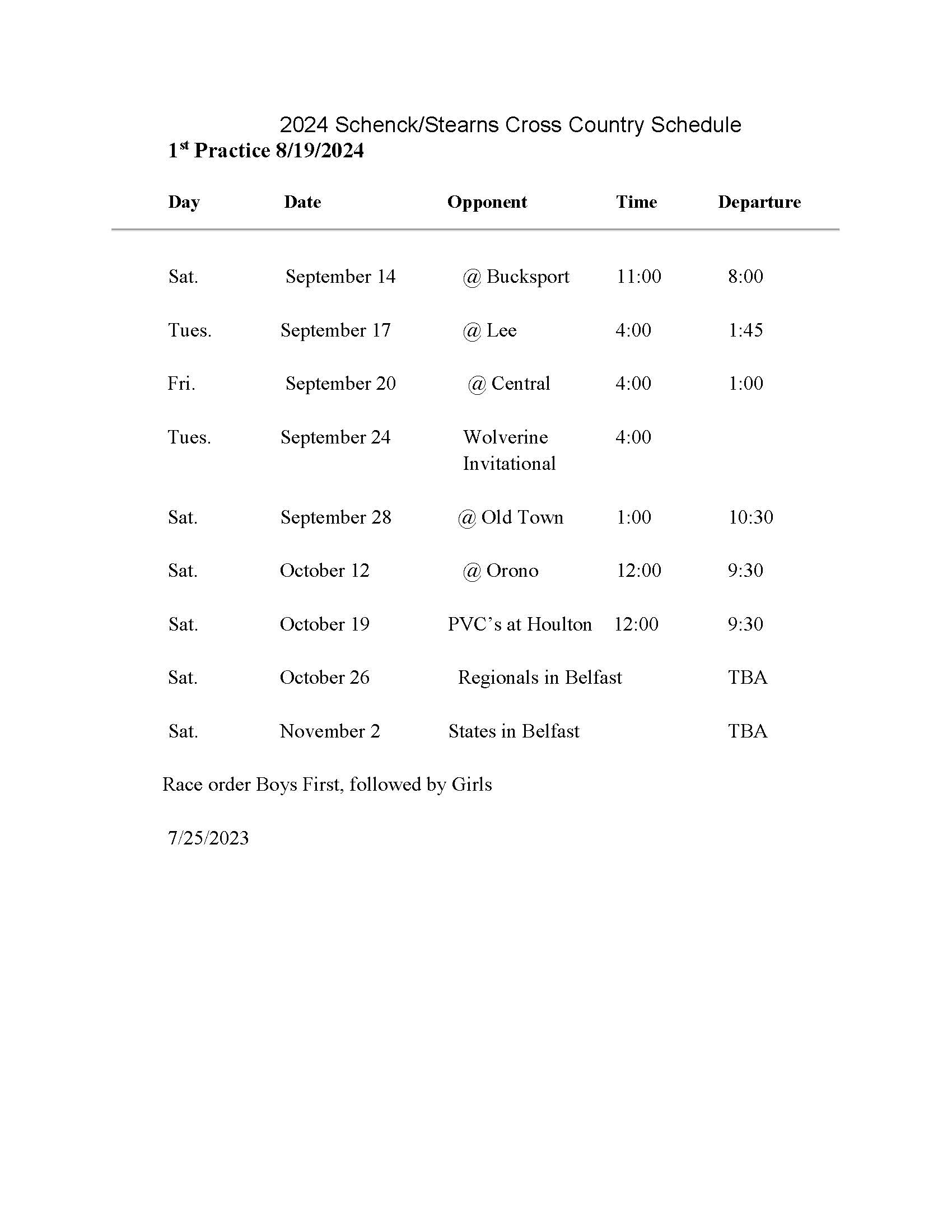 2023 Cross Country Schedule