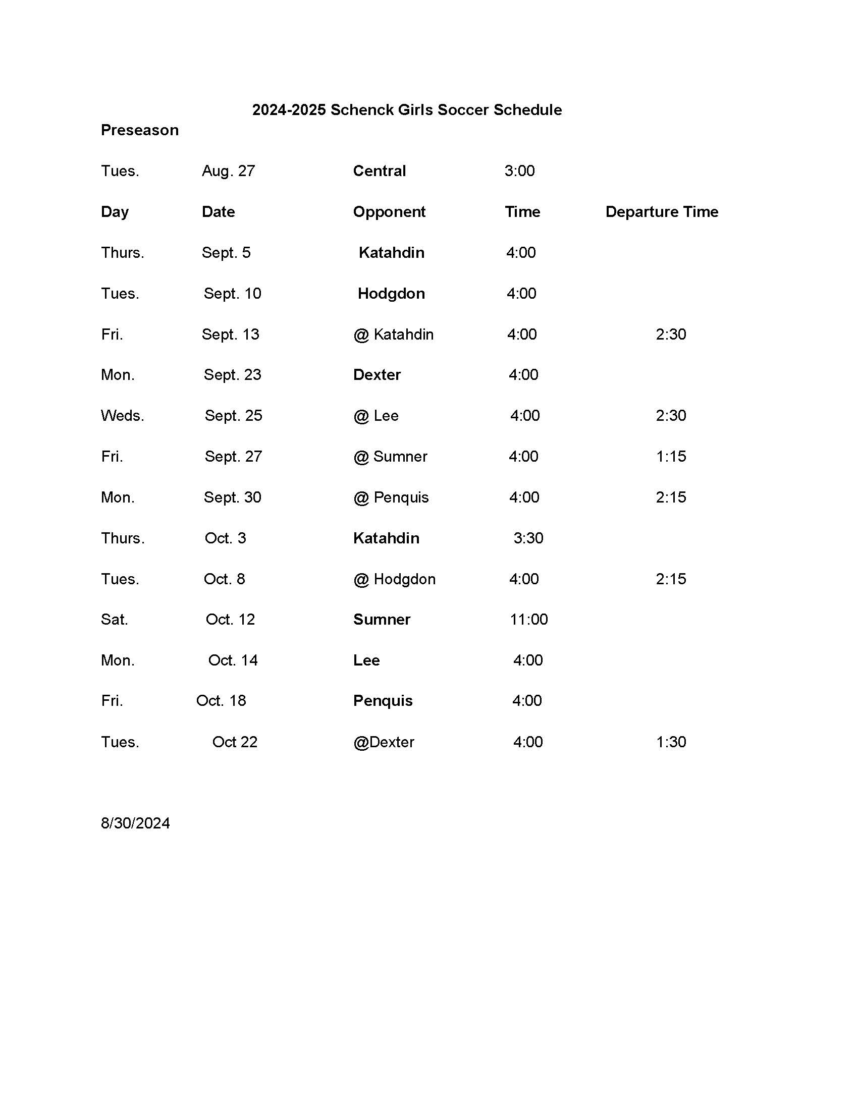 Girls soccer schedule 2024