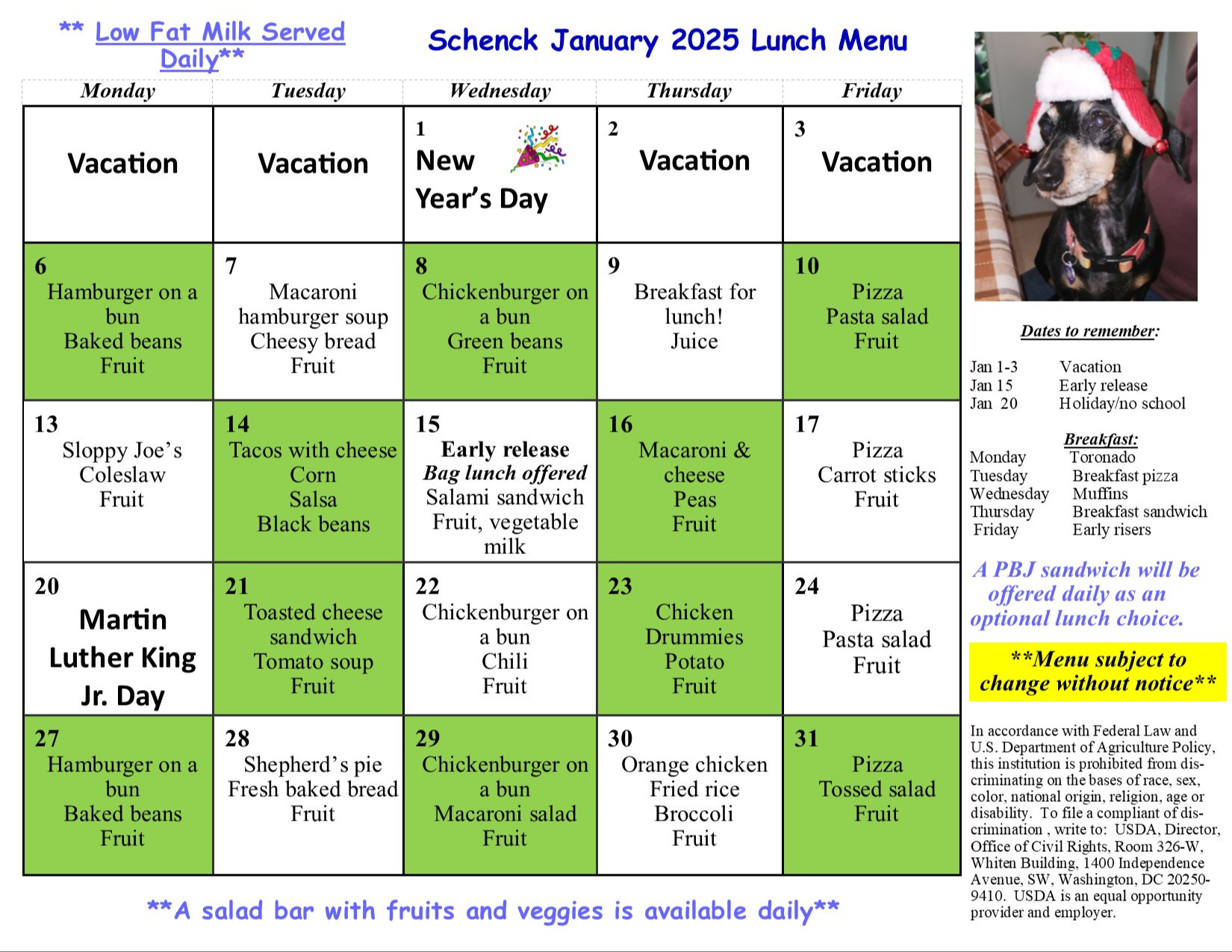 Schenck High School Hot Lunch Menu