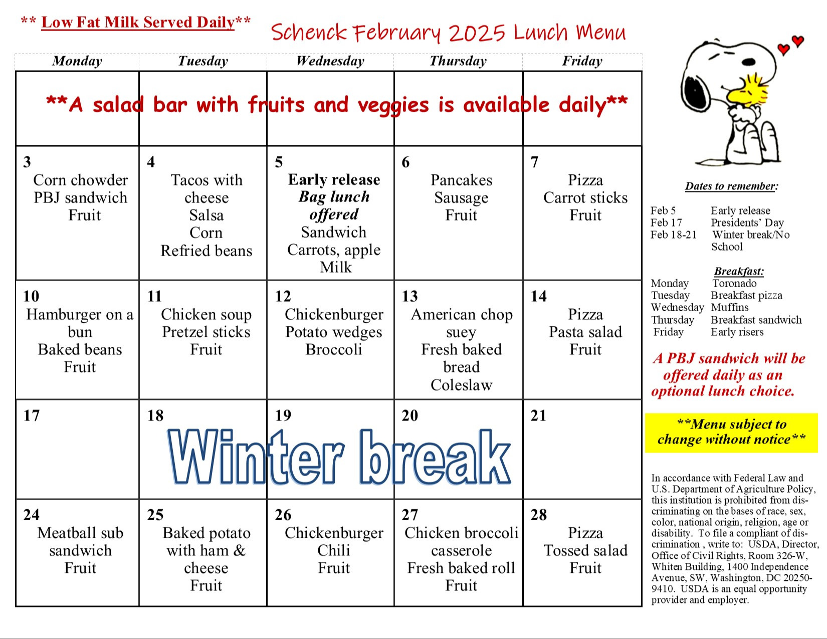 Schenck High School Hot Lunch Menu