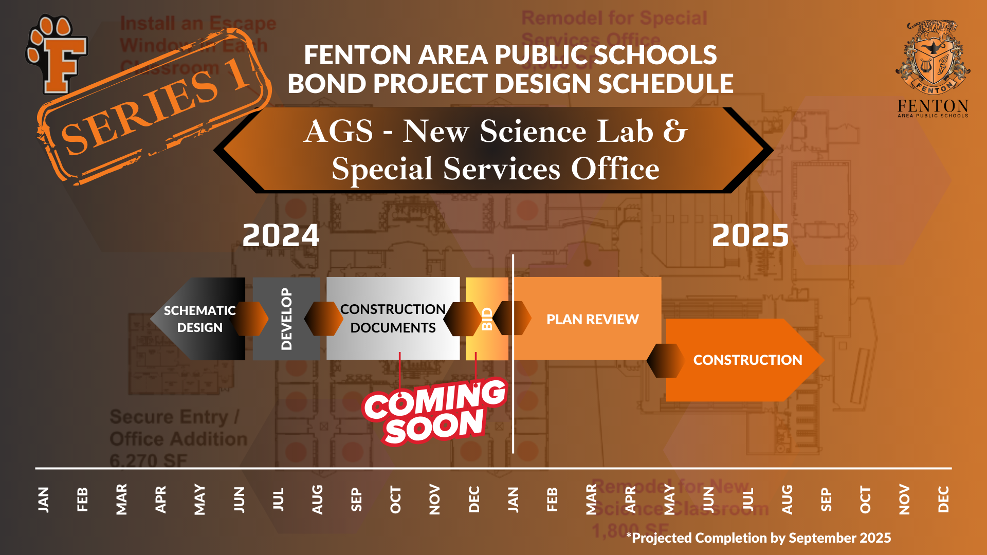 A graphic showing the Fenton Area Public Schools bond project design schedule for the AGS building.  The schedule outlines the phases for constructing a new science lab and special services office, spanning from January 2024 to December 2025. It includes schematic design, construction document development