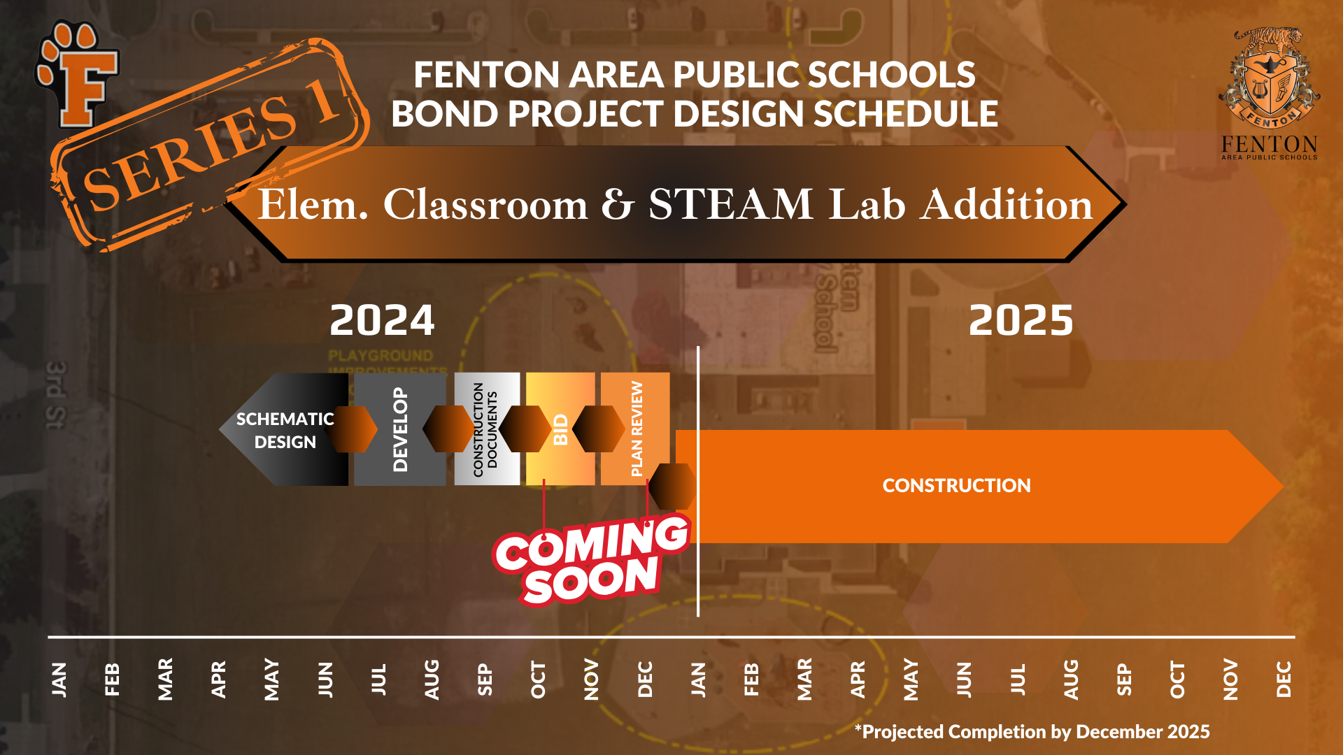 A graphic showing the Fenton Area Public Schools bond project design schedule for adding an Elementary Classroom & STEAM Lab. The schedule spans from January 2024 to December 2025 and includes schematic design, construction document development, plan review, and construction phases. The projected completion is by December 2025.