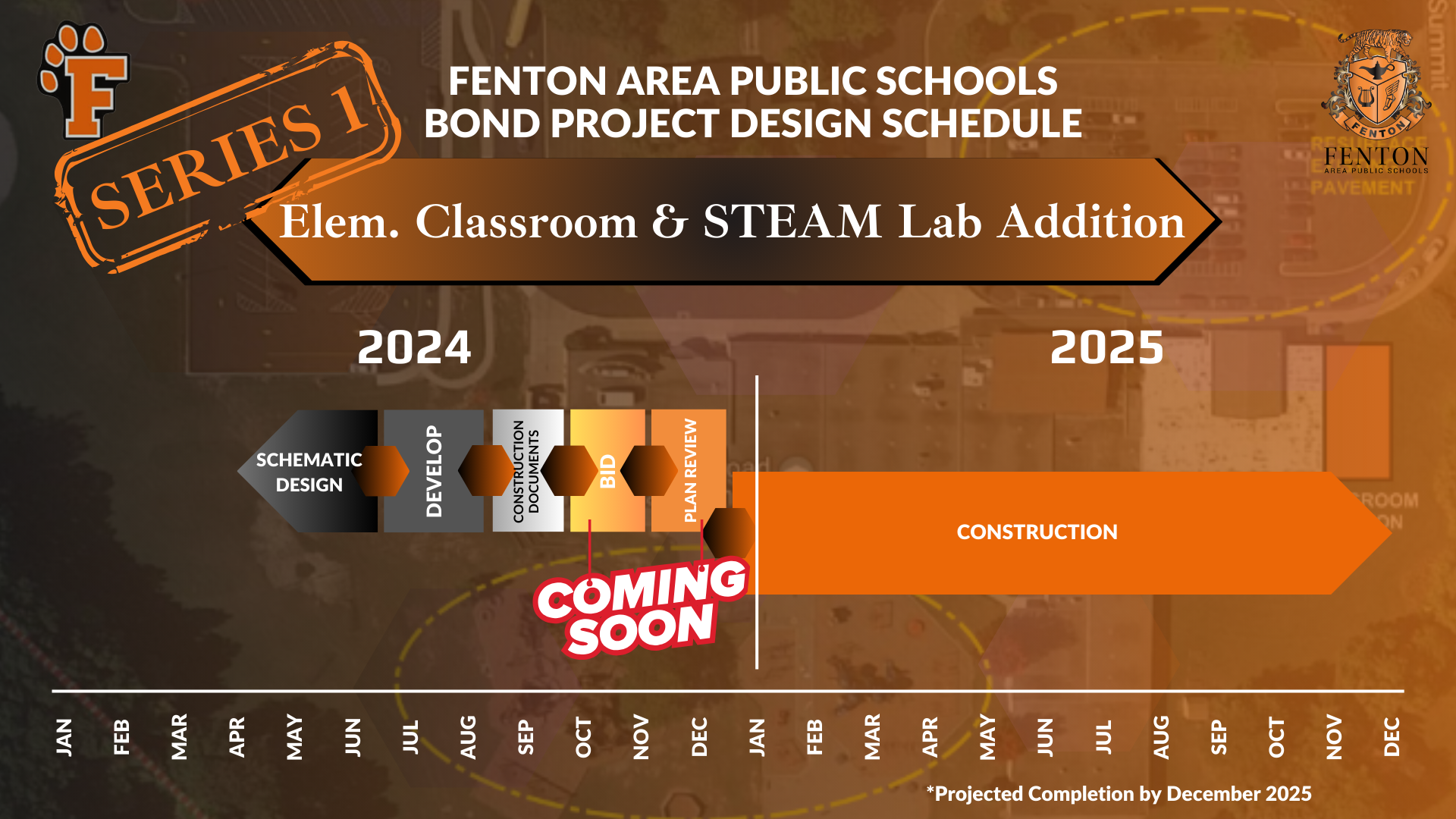 A graphic showing the Fenton Area Public Schools bond project design schedule for adding an Elementary Classroom & STEAM Lab. The schedule spans from January 2024 to December 2025 and includes schematic design, construction document development, plan review, and construction phases. The projected completion is by December 2025.