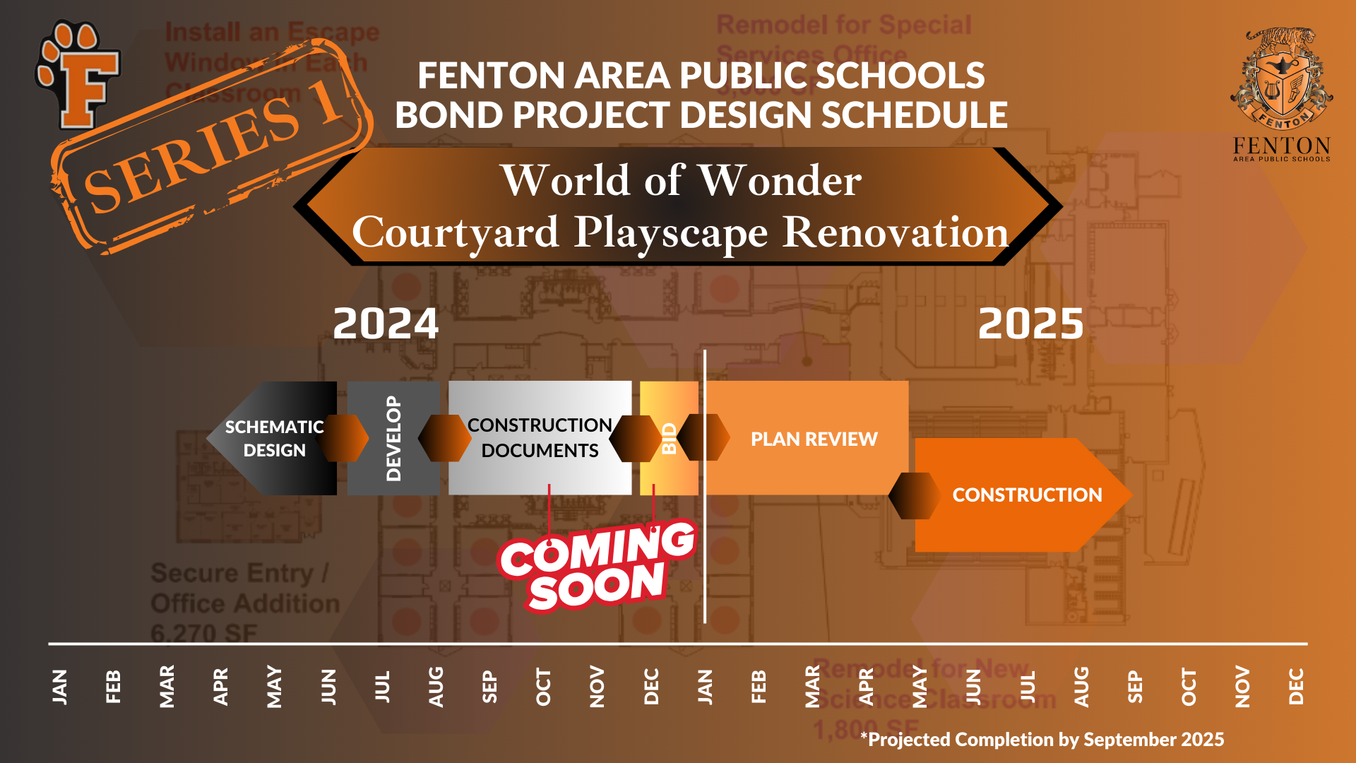 A graphic showing the Fenton Area Public Schools bond project design schedule for renovating the World of Wonder Courtyard Playscape. The schedule spans from January 2024 to December 2025 and includes schematic design, construction document development, plan review, and construction phases. The projected completion is by September 2025.