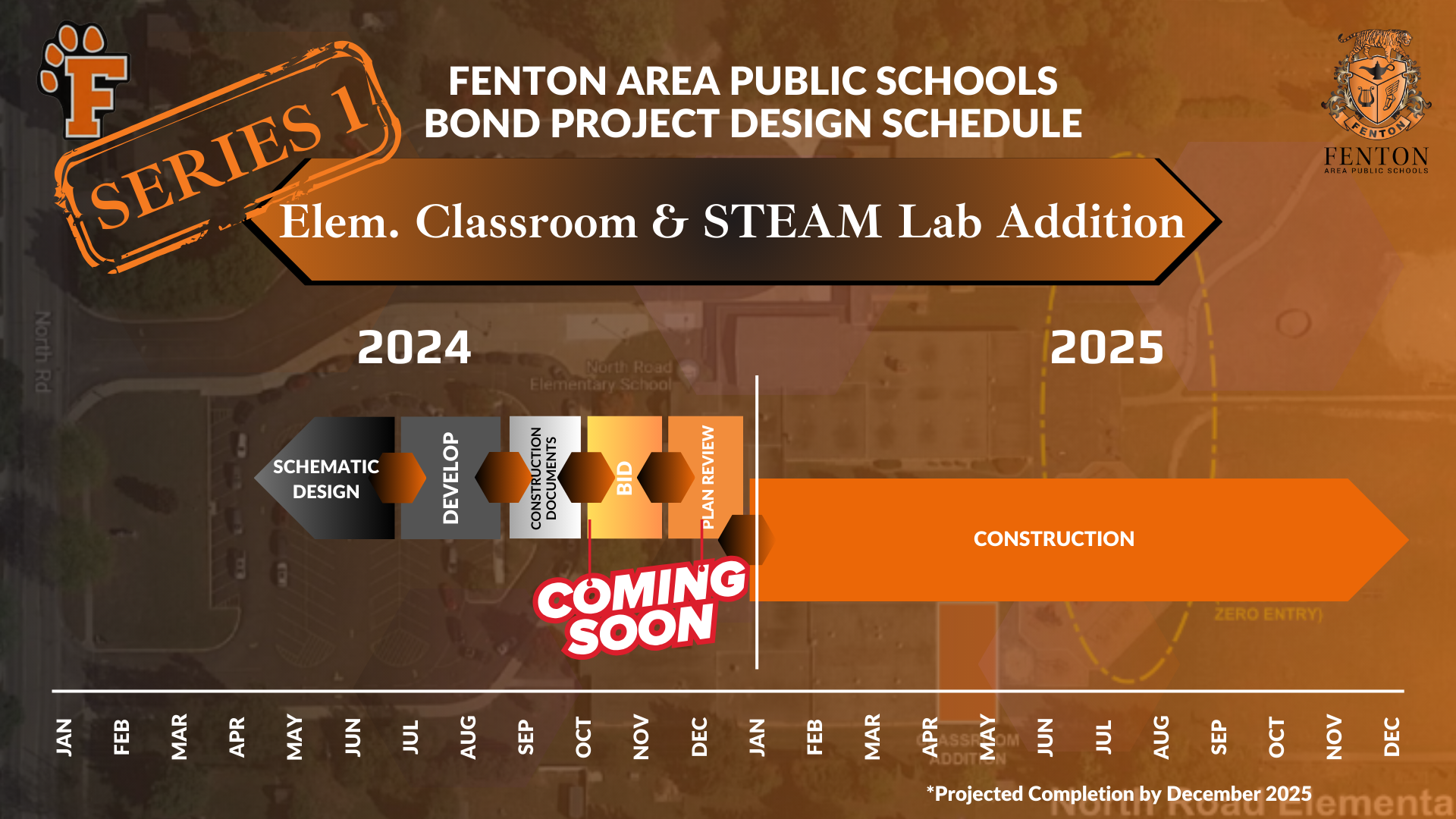 A graphic showing the Fenton Area Public Schools bond project design schedule for adding an Elementary Classroom & STEAM Lab. The schedule spans from January 2024 to December 2025 and includes schematic design, construction document development, plan review, and construction phases. The projected completion is by December 2025.